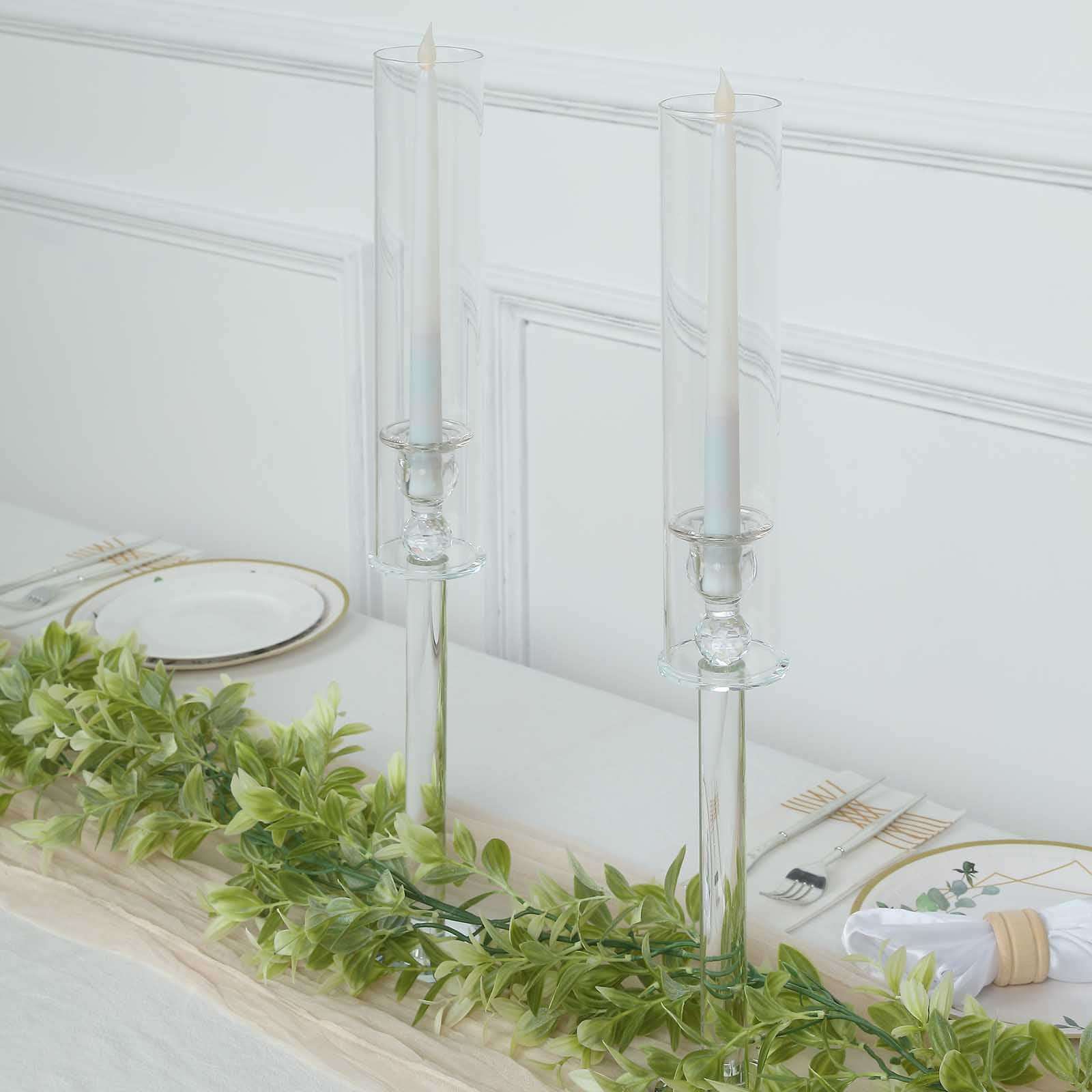 2-Pack Clear Crystal Glass Hurricane Taper Candle Holders, Ideal for Decor