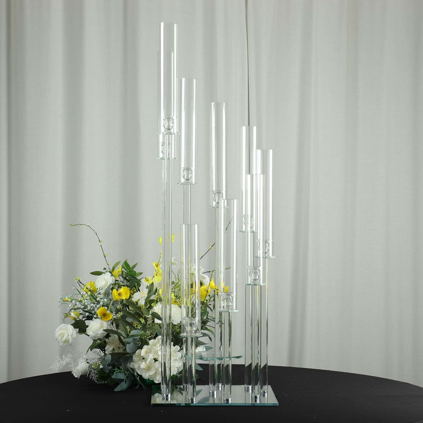 4ft Crystal Glass 9-Pillar Candelabra with Center Flower Stand - Ideal Table Centerpiece