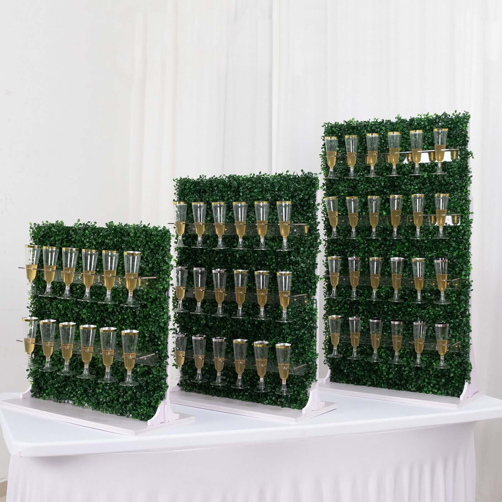 Exclusive Set of 3 Green Champagne Wall Glass Holders - Tiered Faux Boxwood Stemware Racks for Classy Events