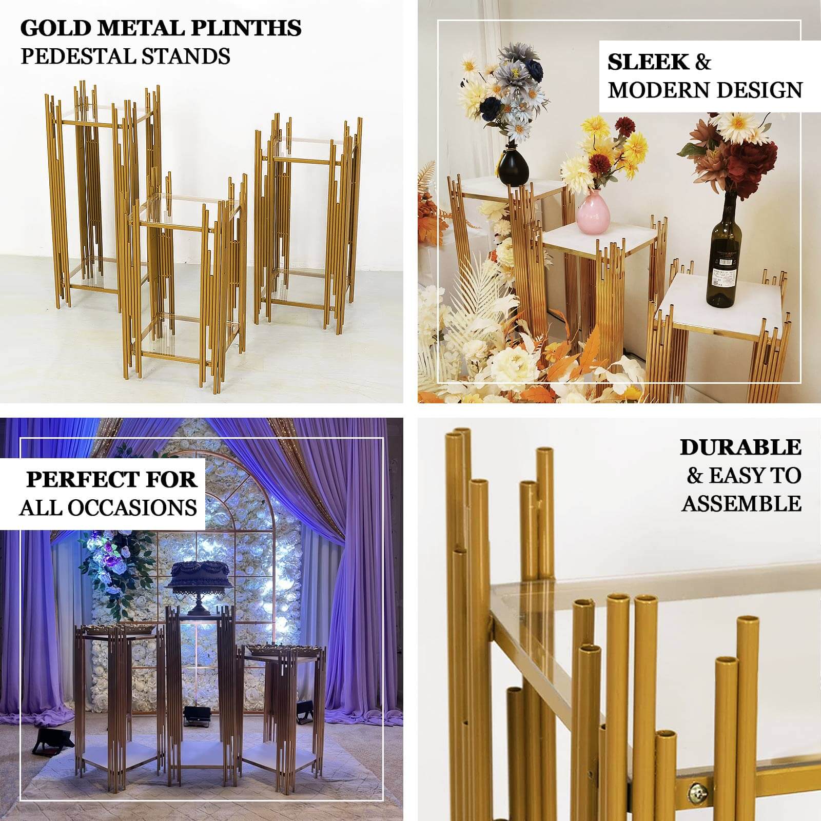 Hot Deal! Set of 3 Gold Metal Wedding Pedestal Stands with Square Acrylic Plates