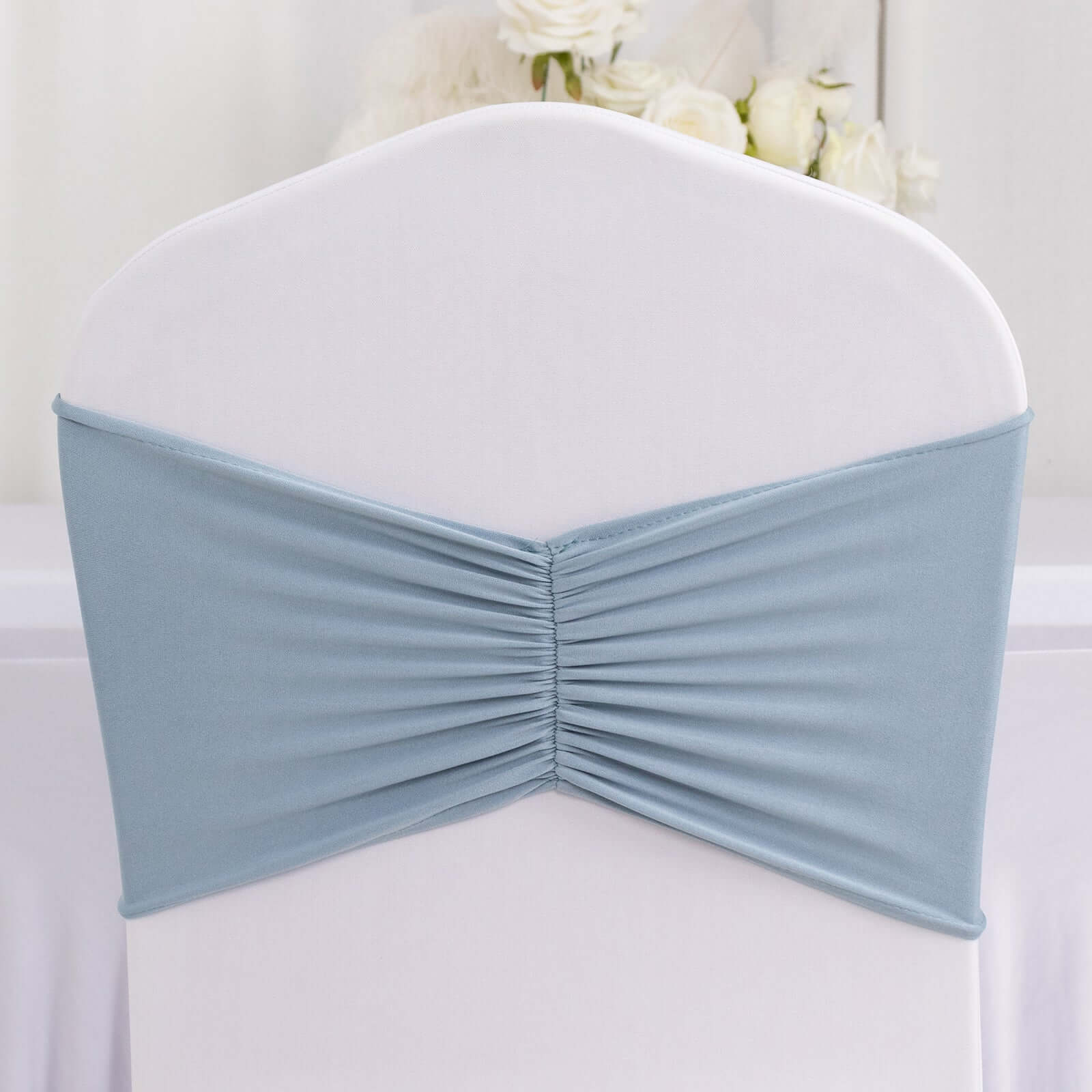 5-Pack Dusty Blue Ruffled Spandex Chair Sashes - Wide & Easy-to-Use Stretch Bands