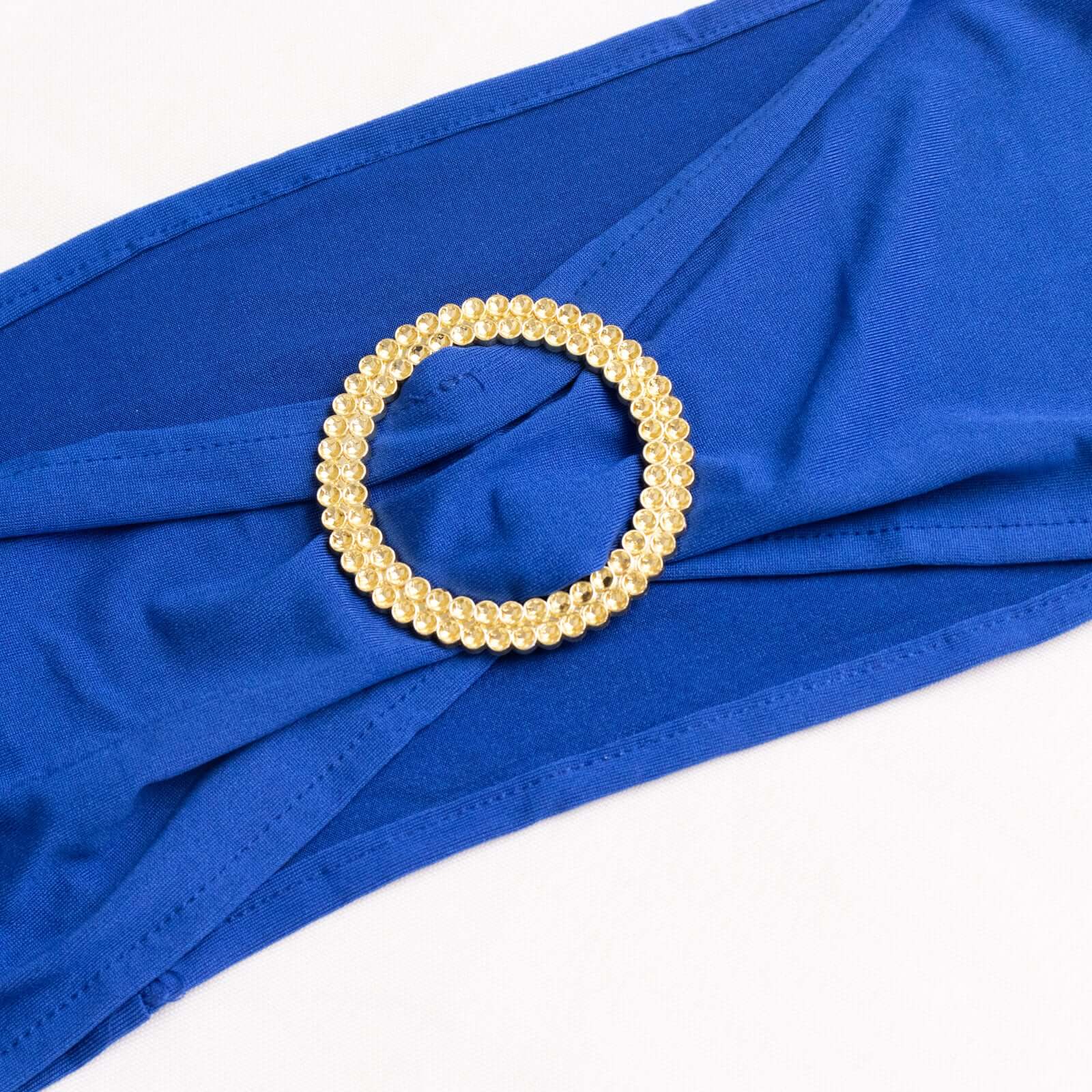 Royal Blue Spandex Chair Sashes with Gold Rhinestone Buckles - 5 Pack, Reusable & Four-Way Stretch