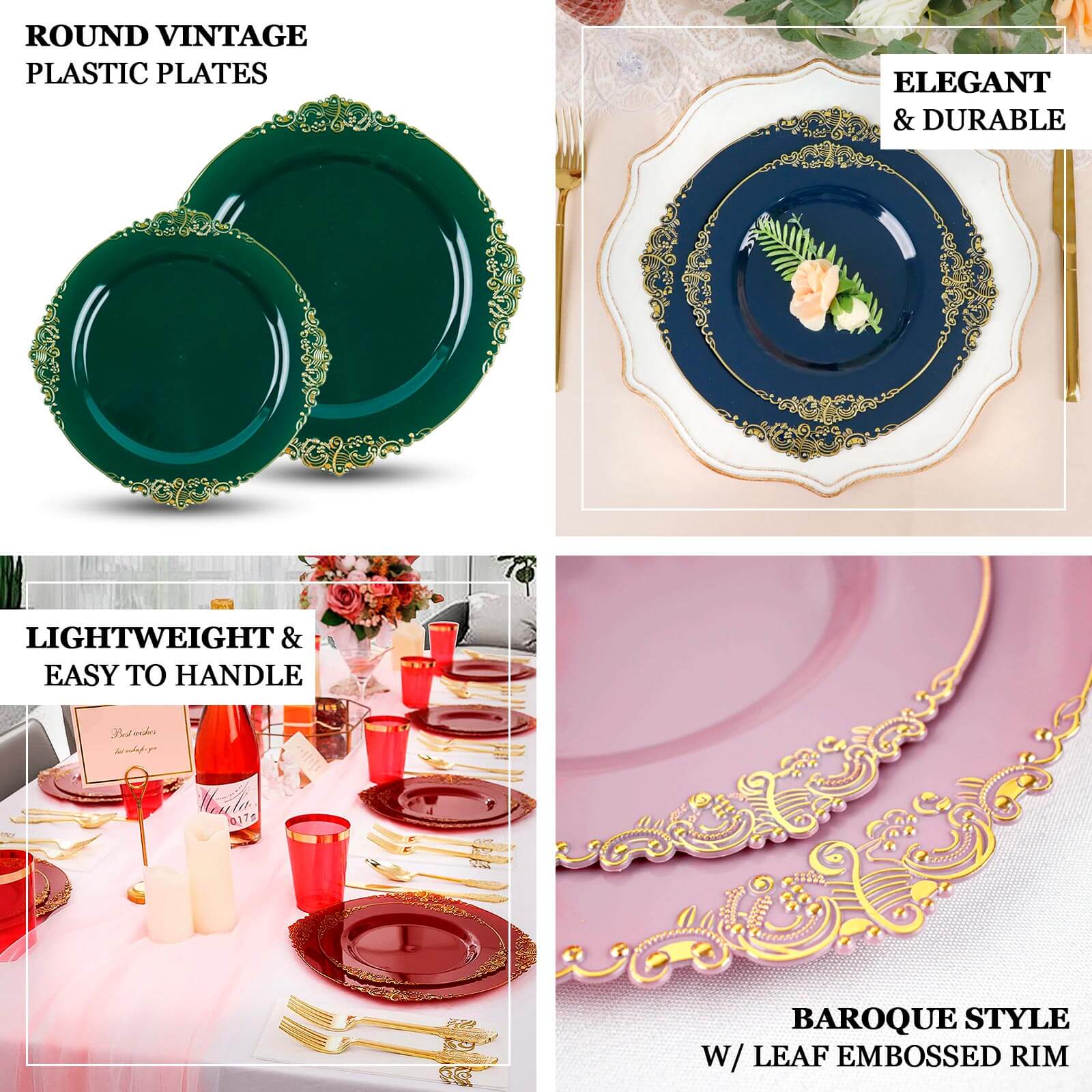 10-Pack Disposable Vintage Baroque Round Dinner Plates in Dusty Blue with Gold Leaf Rim - Great Value!