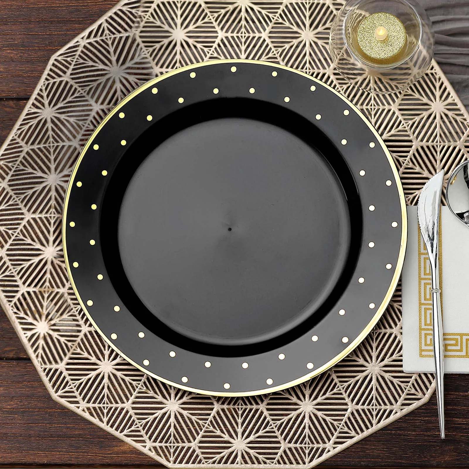 10-Pack Black Plastic Dinner Plates with Gold Dot Rim, Disposable and Sturdy