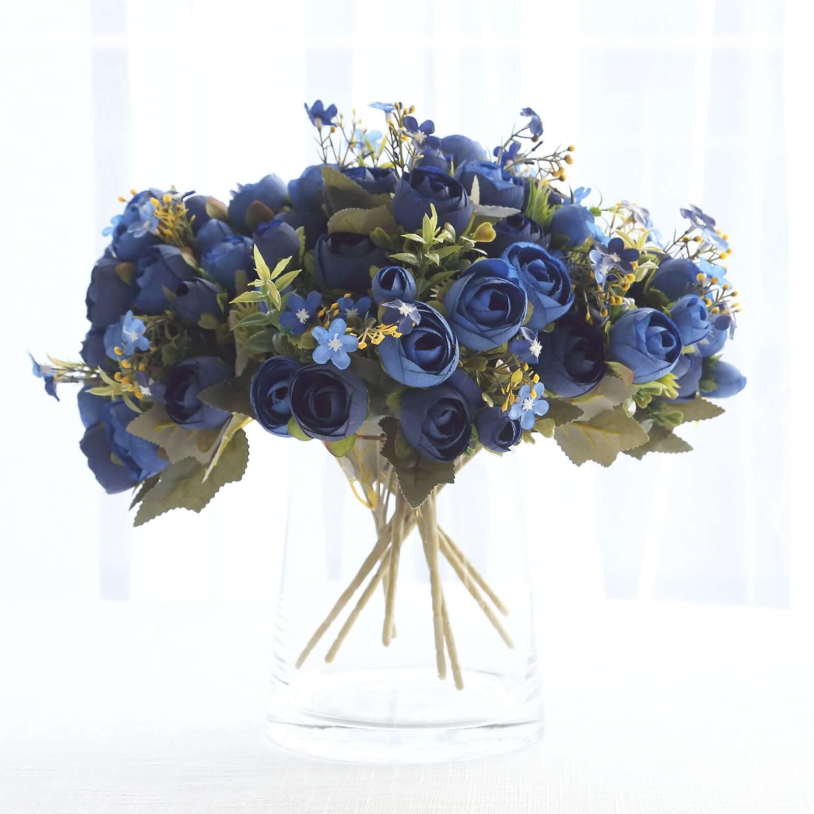 4-Pack Navy Blue Artificial Ranunculus Silk Flower Bouquets for Bridal and Decor