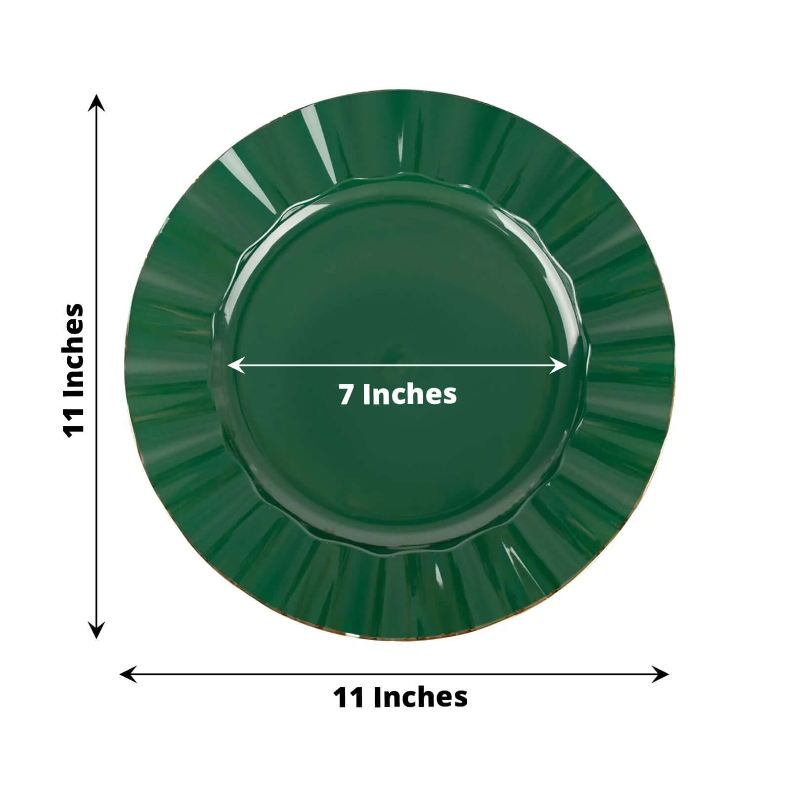 10-Piece Set of Sturdy Disposable 11-Inch Round Dinner Plates in Hunter Emerald Green with Ruffled Gold Edges