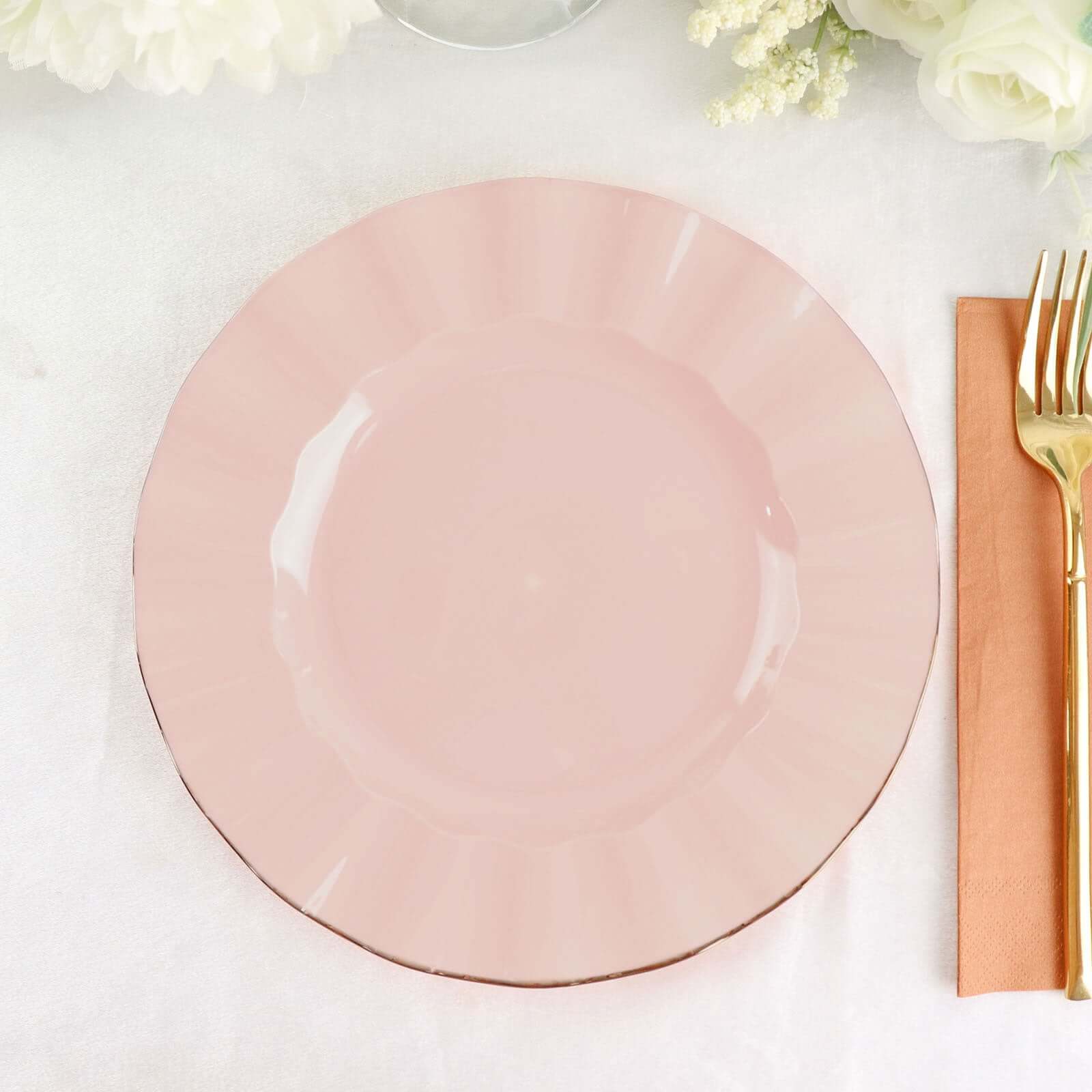 10-Pack Blush Plastic Round Dinner Plates with Gold Edging - Ideal Disposable Dinnerware