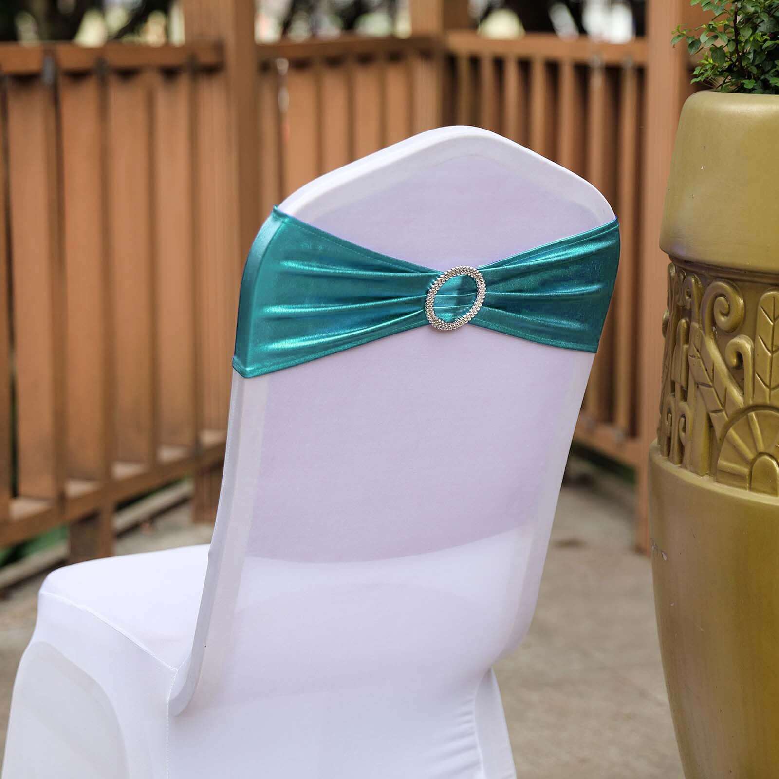 5-Pack Metallic Peacock Teal Spandex Chair Sashes with Round Diamond Buckles - Great for Events