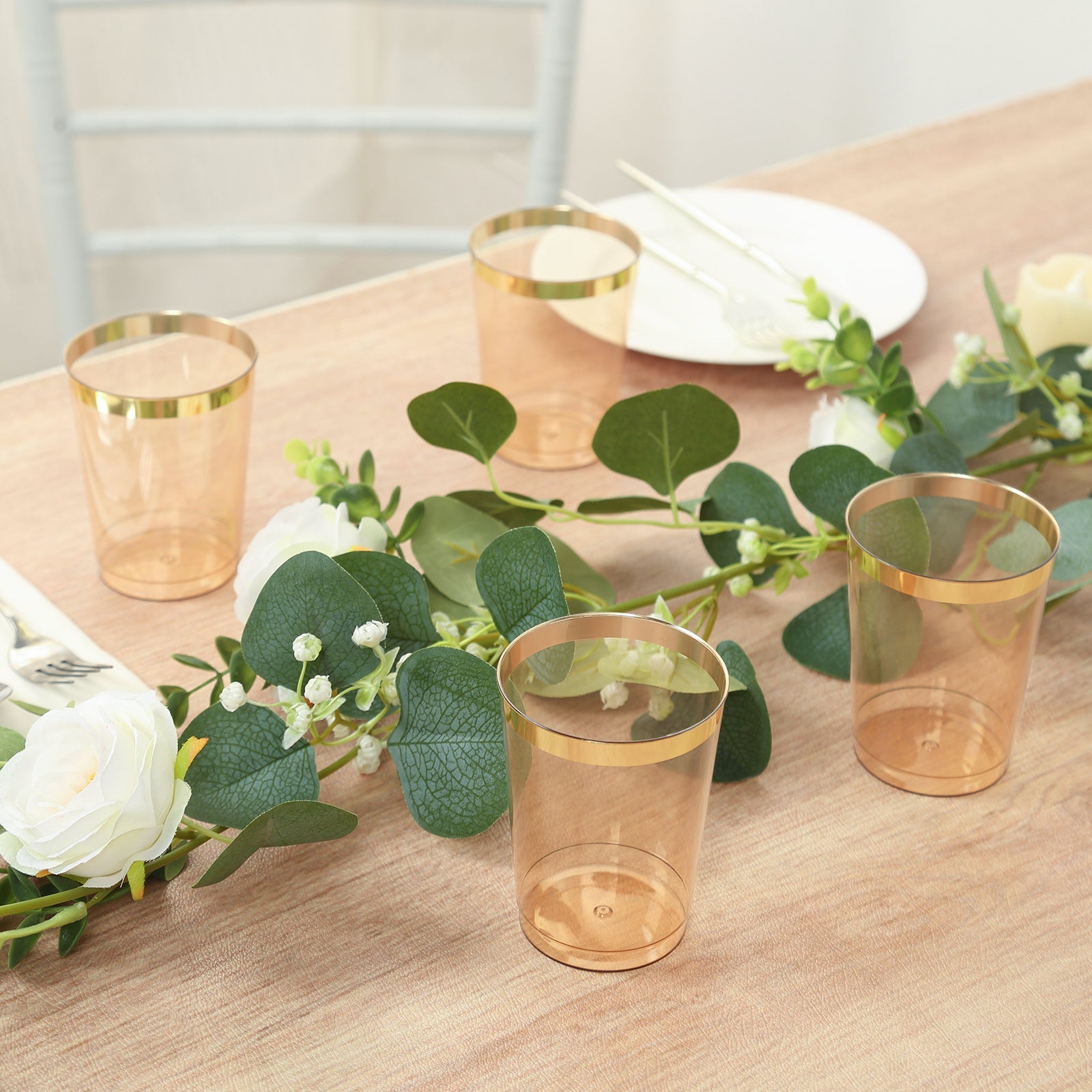 Get 25-Pack of 10oz Transparent Amber Gold Plastic Tumbler Cups with Gold Rim for Stylish Disposable Party