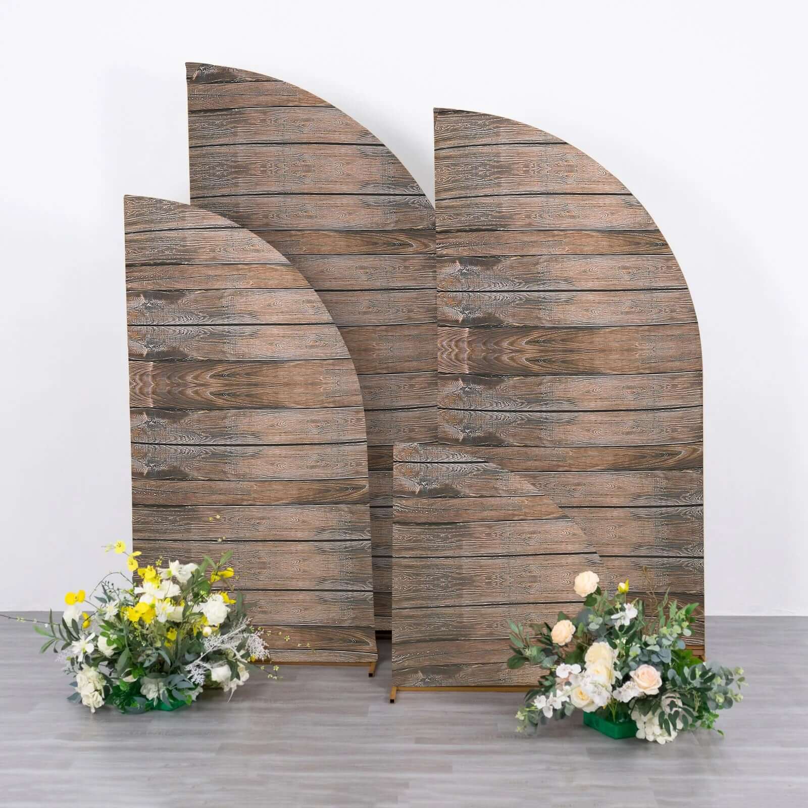 Set of 4 Brown Spandex Wedding Arch Covers with Rustic Wood Design, for Half Moon Stands
