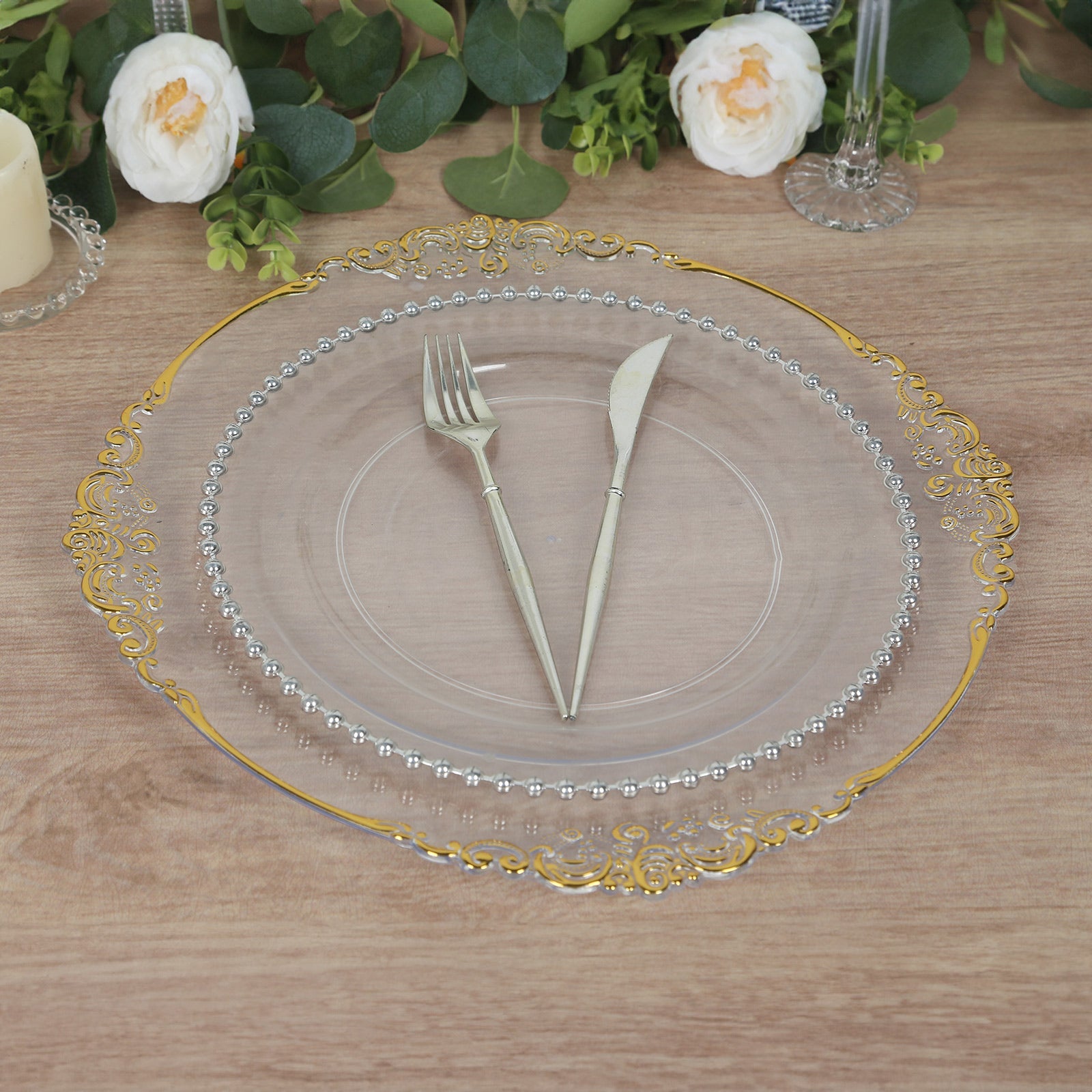 20-Pack Clear Plastic Round Charger Plates with Gold Embossed Baroque Rim - Ideal for Dinner Parties