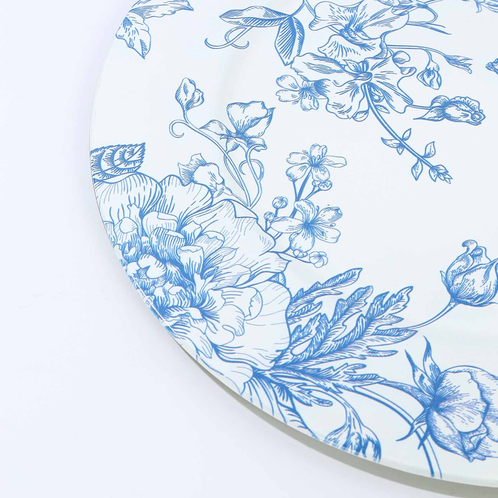 6-Piece Set of White Acrylic Round Charger Plates with Light Blue Floral French Toile Design - Ideal for Dinner Parties
