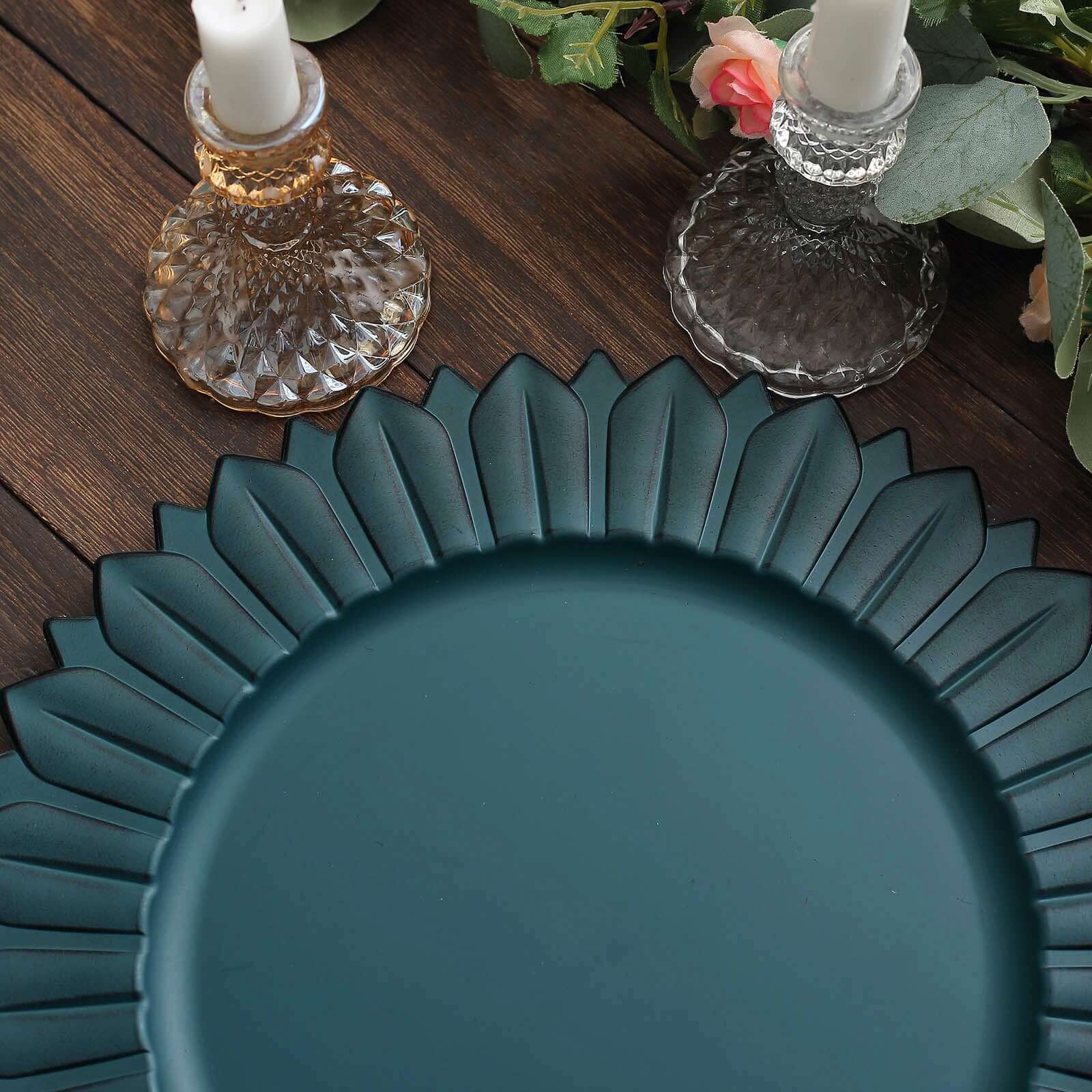 6-Piece Set of 13-Inch Matte Teal Plastic Round Charger Plates with Sunflower Rim