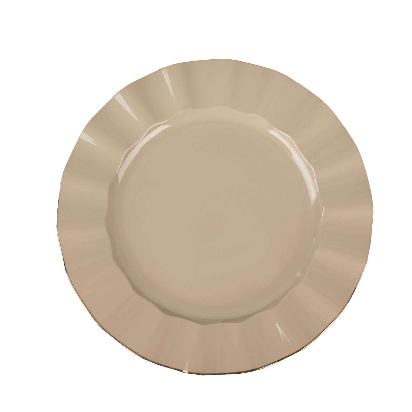 Hot Deal! 10-Pack 9" Taupe Plastic Round Dinner Plates with Gold Ruffled Edges - Sturdy Disposable