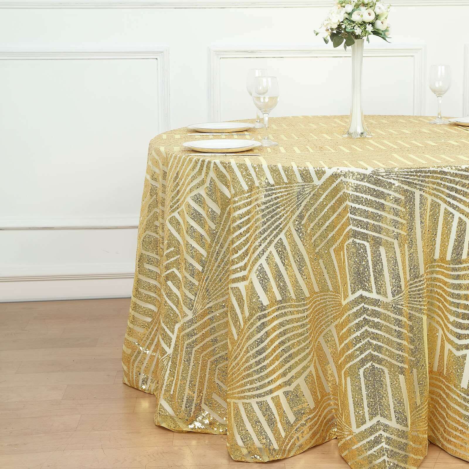 Gold Sequin 120 Round Tablecloth - Glam Seamless Diamond Design for Special Events