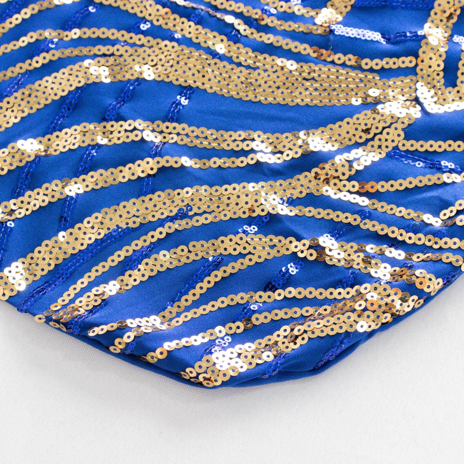 Royal Blue and Gold Spandex Banquet Chair Cover with Wave - Embroidered Glittering Sequins