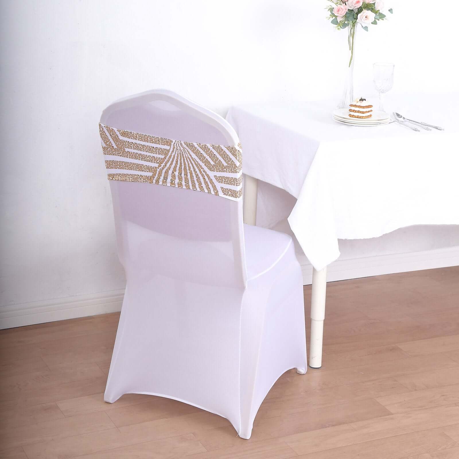 Hot Sale! 5-Pack White Sequin Spandex Chair Sashes with Gold Geometric Diamond Pattern for High-End Events