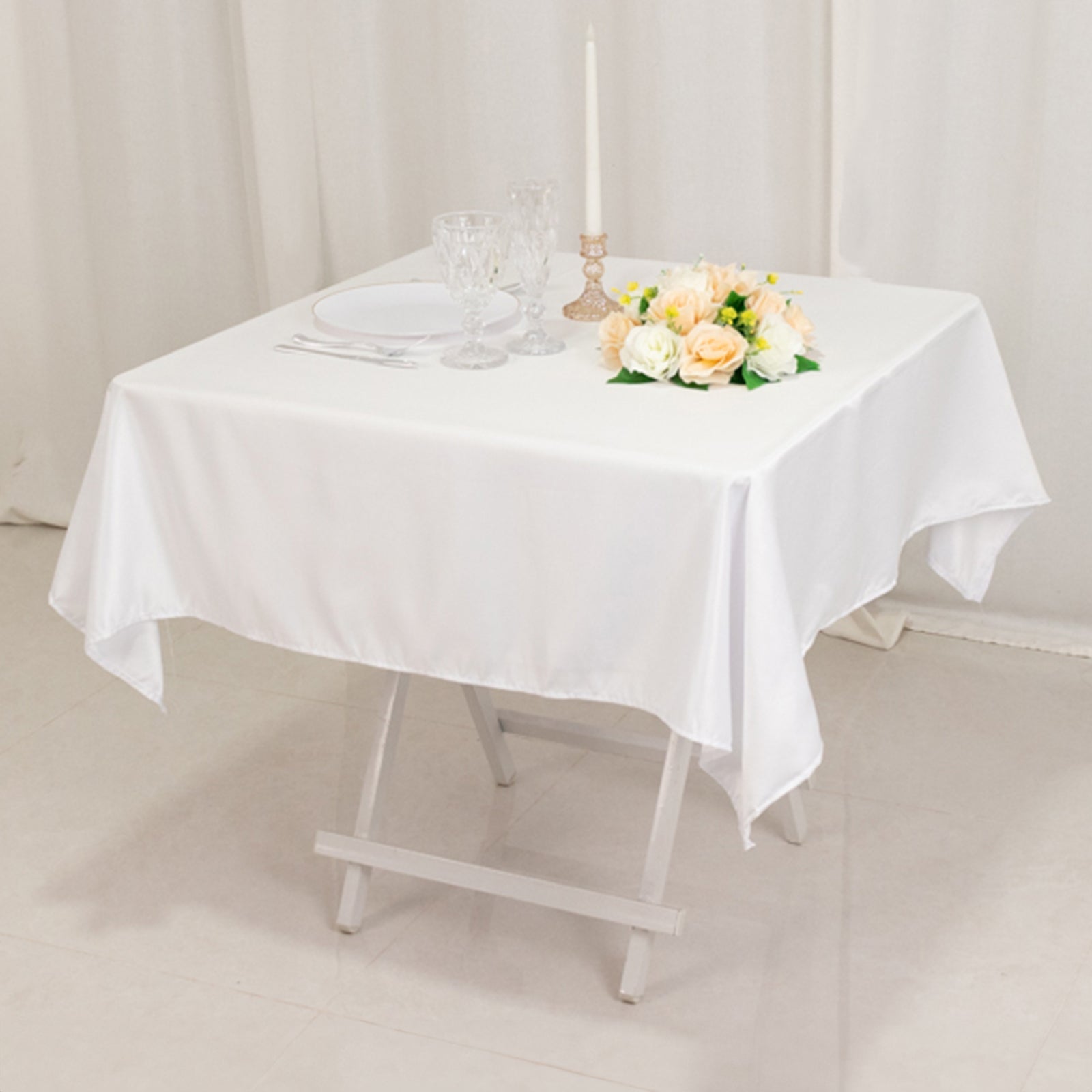 Premium White Lamour Satin 54x54 Square Table Overlay - Ideal for Weddings & Parties