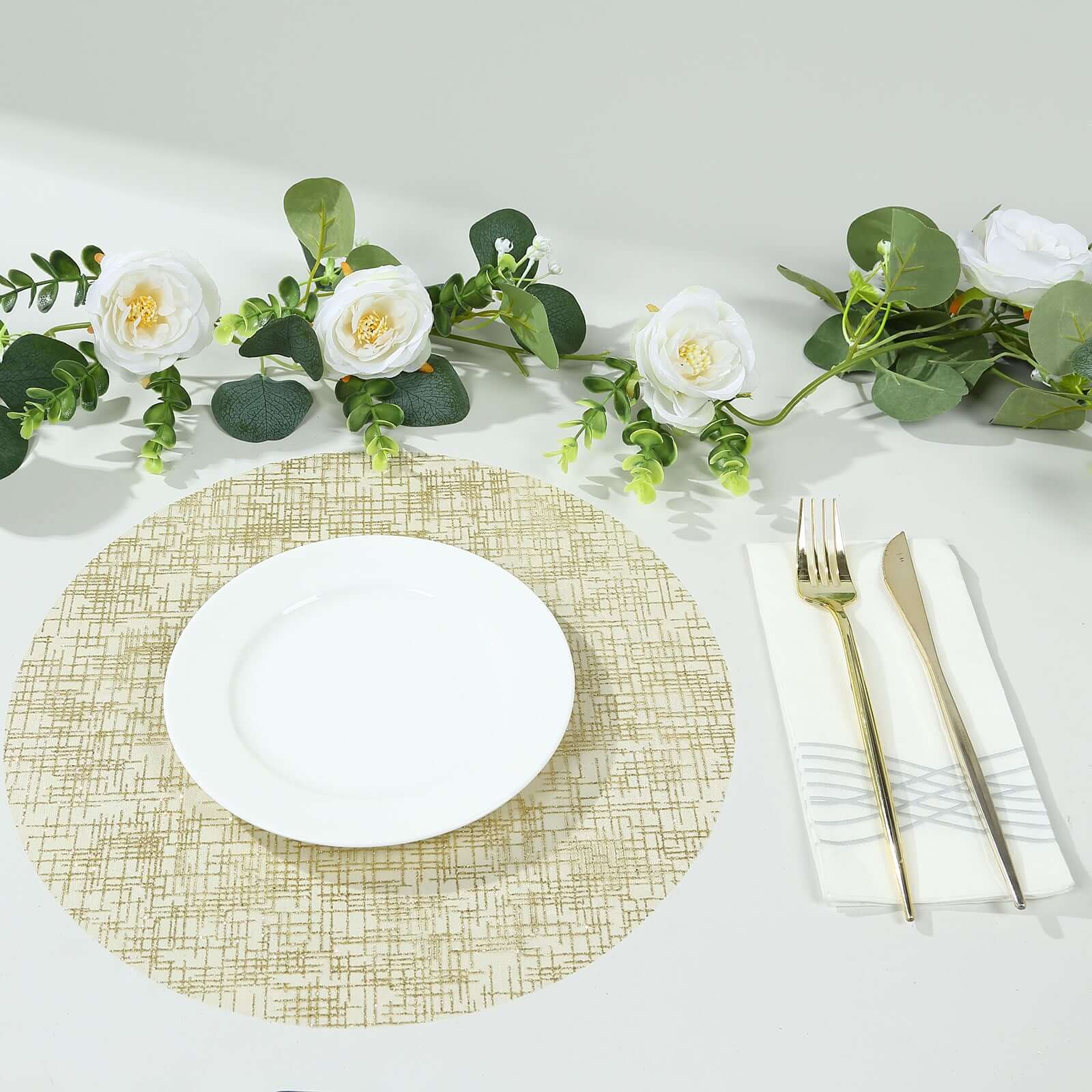 Hot Deal! 10-Pack Disposable Metallic Gold Round Table Placemats with Glitter Mesh Polyester Design