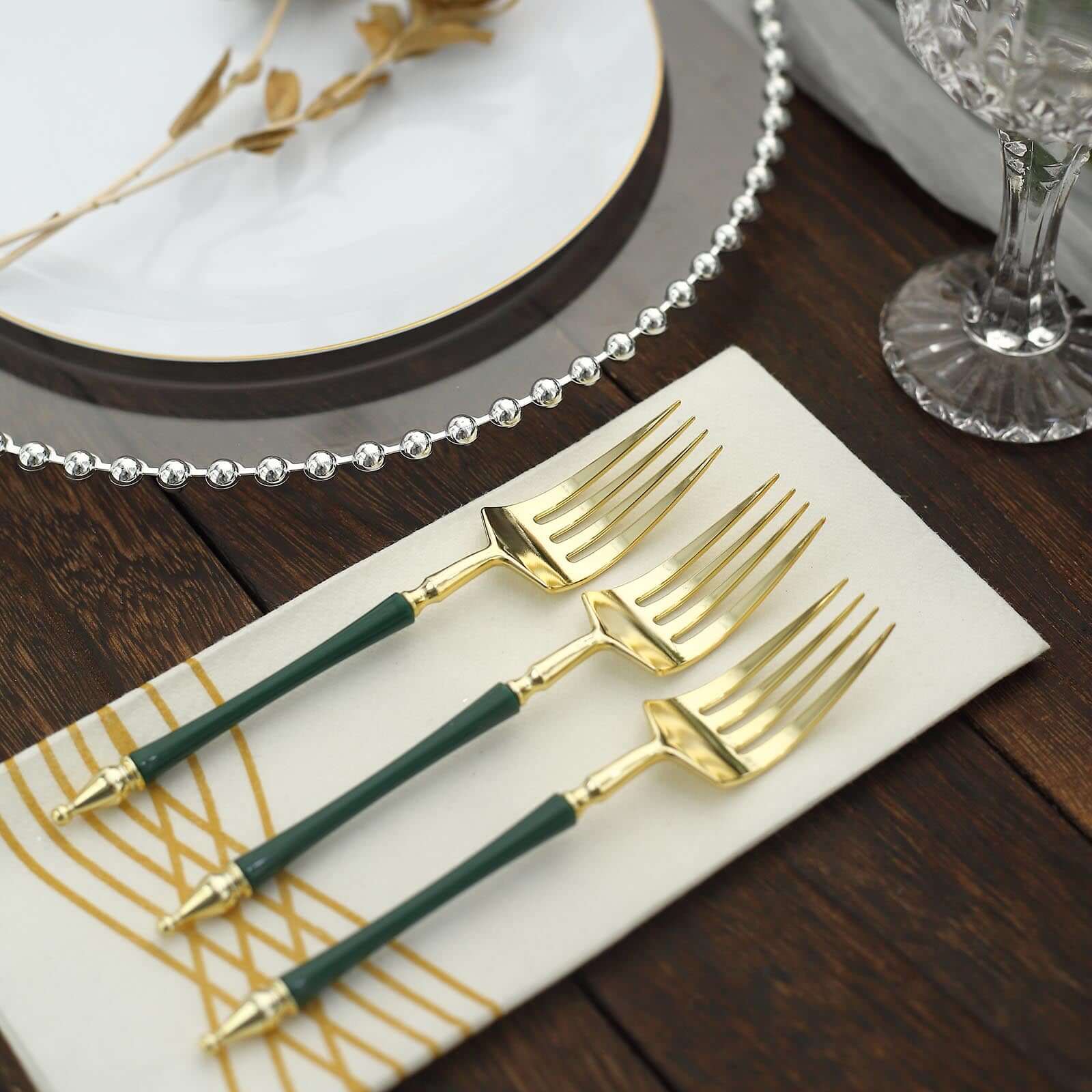 24-Pack 6" Gold & Hunter Emerald Green Plastic Dessert Forks with Roman Column Handles - European Style Disposable Utensils