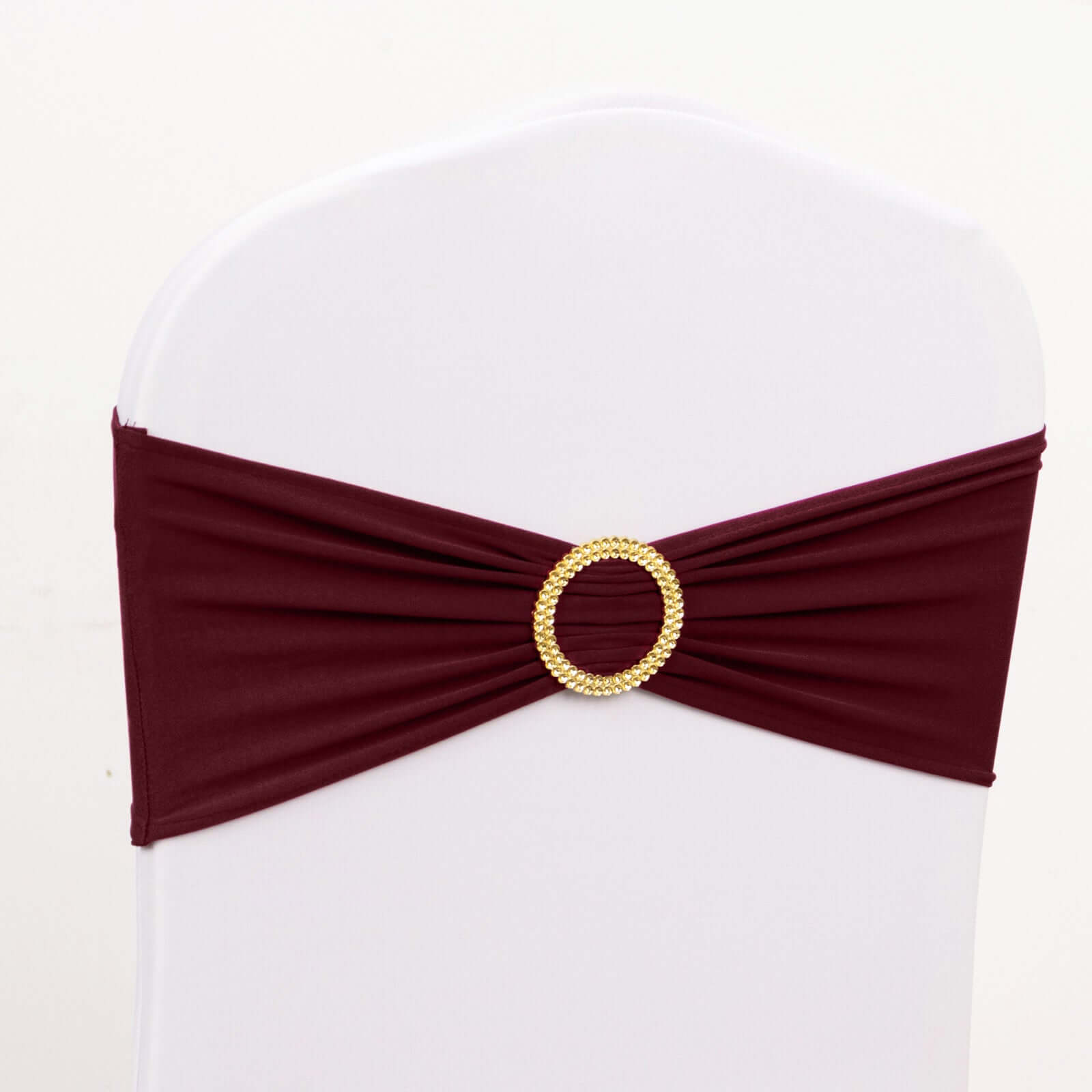 5-Pack Reusable Burgundy Spandex Chair Sashes with Gold Rhinestone Buckles - 4-Way Stretch