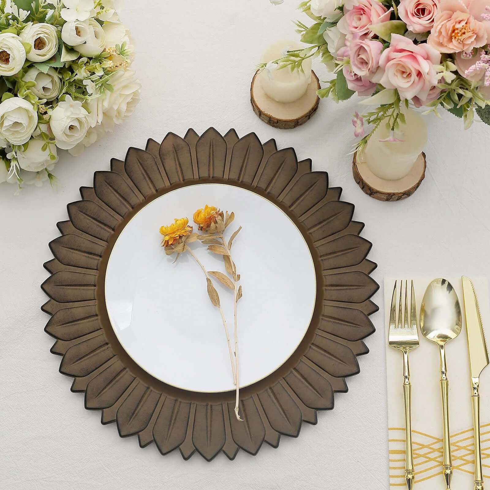 Hot Sale! 6-Pack 13in Plastic Round Disposable Dinner Charger Plates with Sunflower Rim, Matte Natural Finish