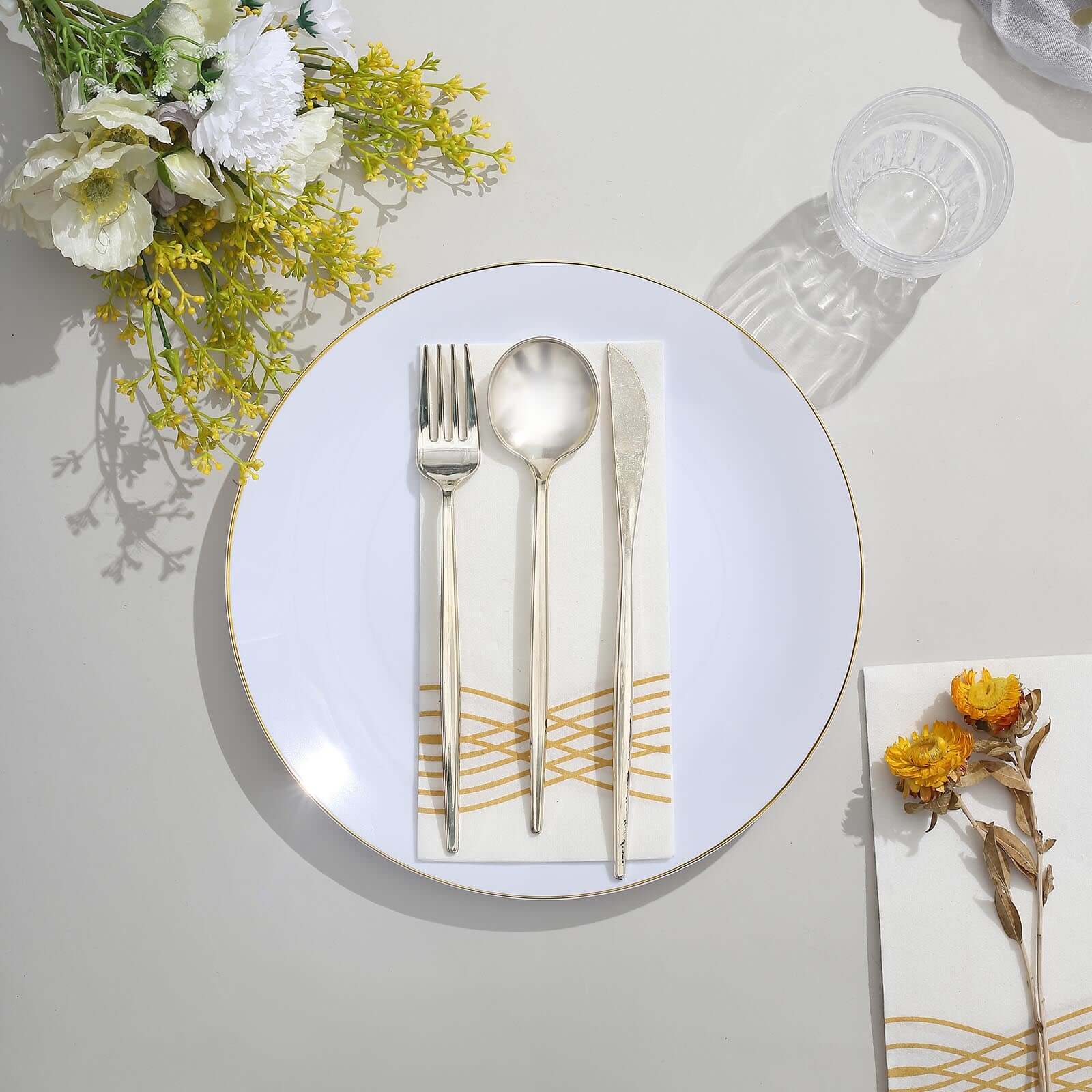 10-Piece Set of White Plastic Round Dinner Plates with Gold Rim - Disposable for Banquets and Special Events