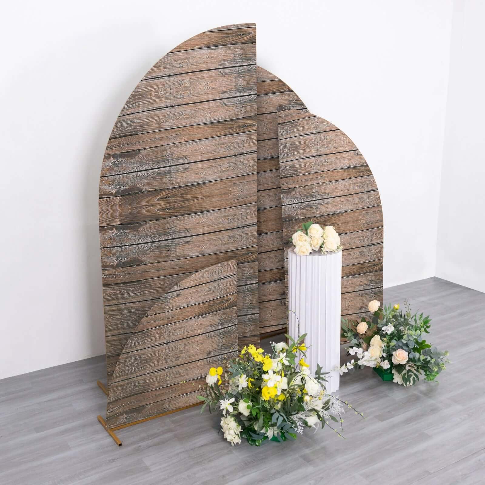 Set of 4 Brown Spandex Wedding Arch Covers with Rustic Wood Design, for Half Moon Stands