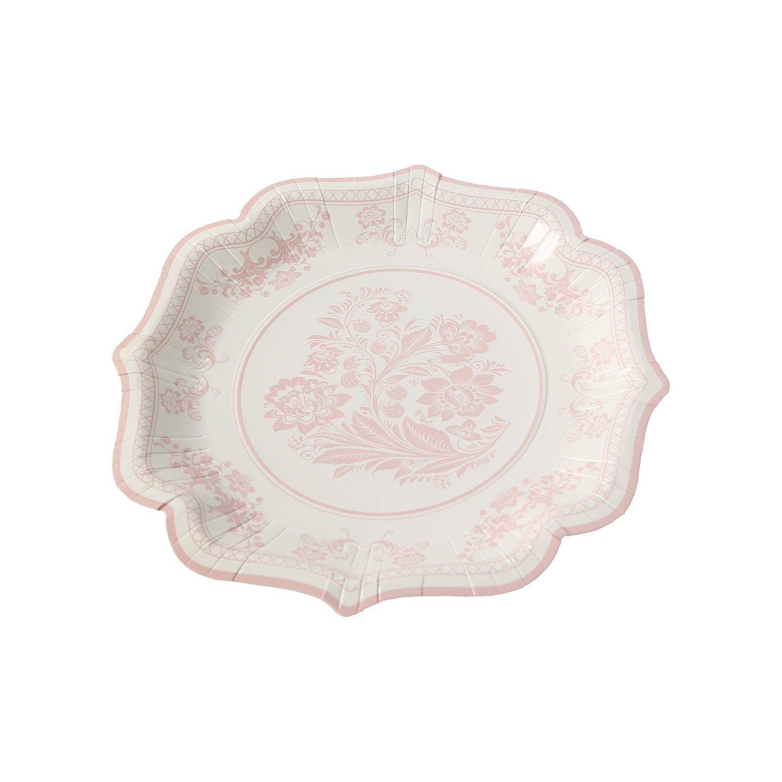 Get 25-Pack of Elegant White Disposable Paper Dessert Plates with Pink Floral Damask Print & Scallop Rim