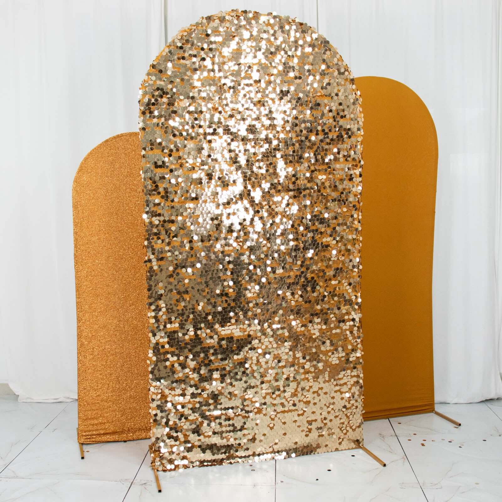 3-Piece Gold Round Top Wedding Arch Frame Covers in Sequin, Tinsel & Spandex