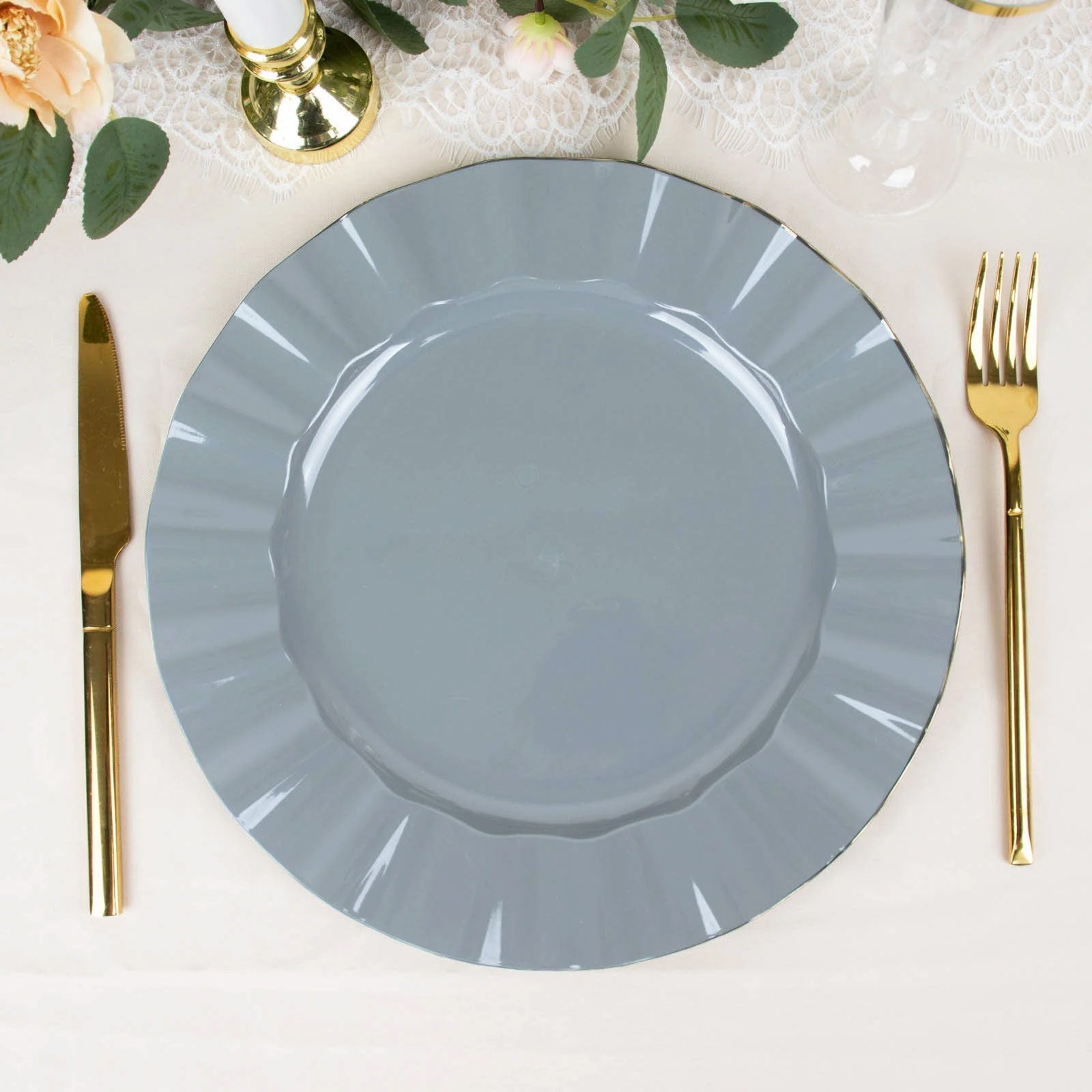 10-Pack Sturdy Disposable 11" Round Dusty Blue Dinner Plates with Gold Ruffled Edging