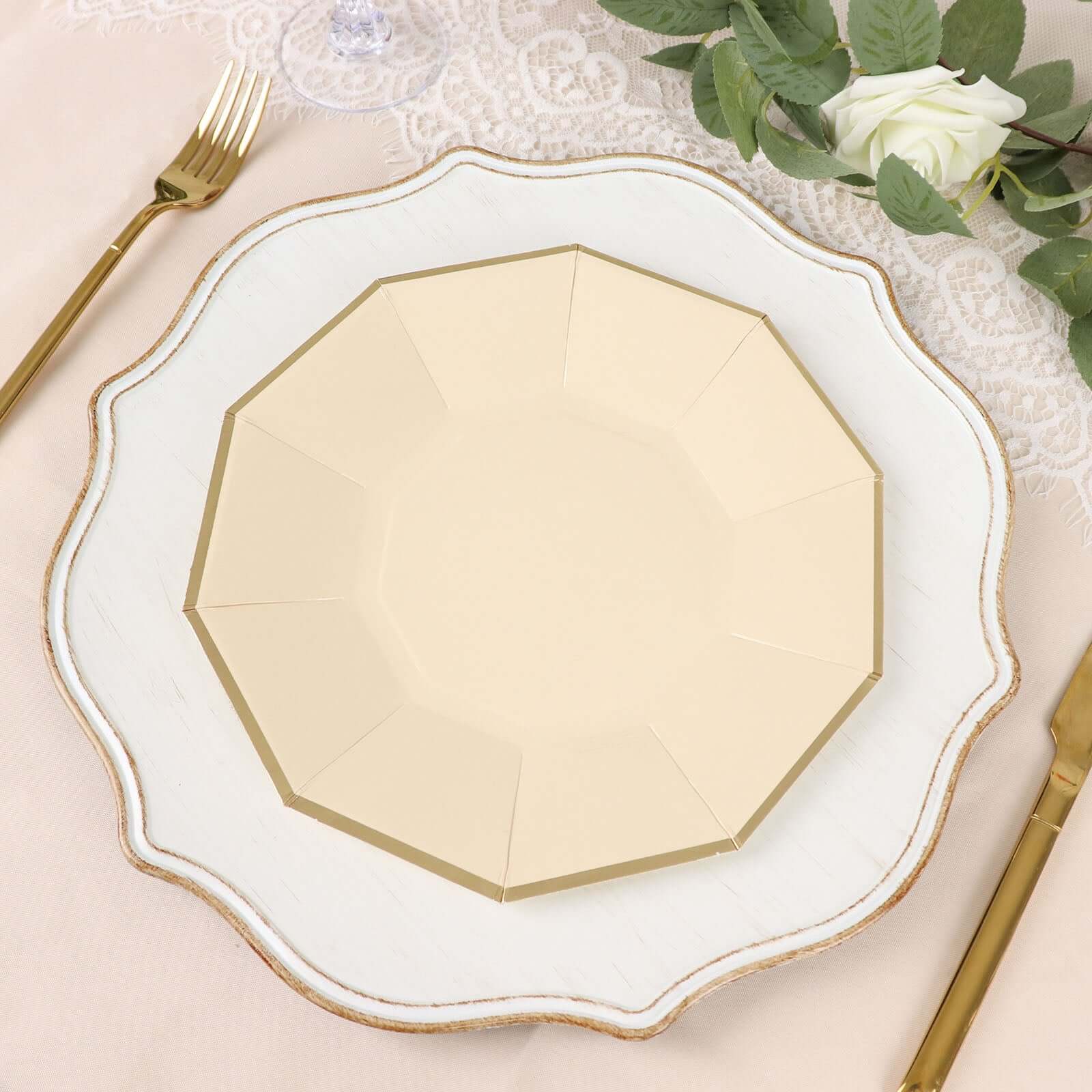 25-Piece Set of 9-Inch Beige Disposable Dinner Plates with Gold Foil Rim for Modern Weddings and Events