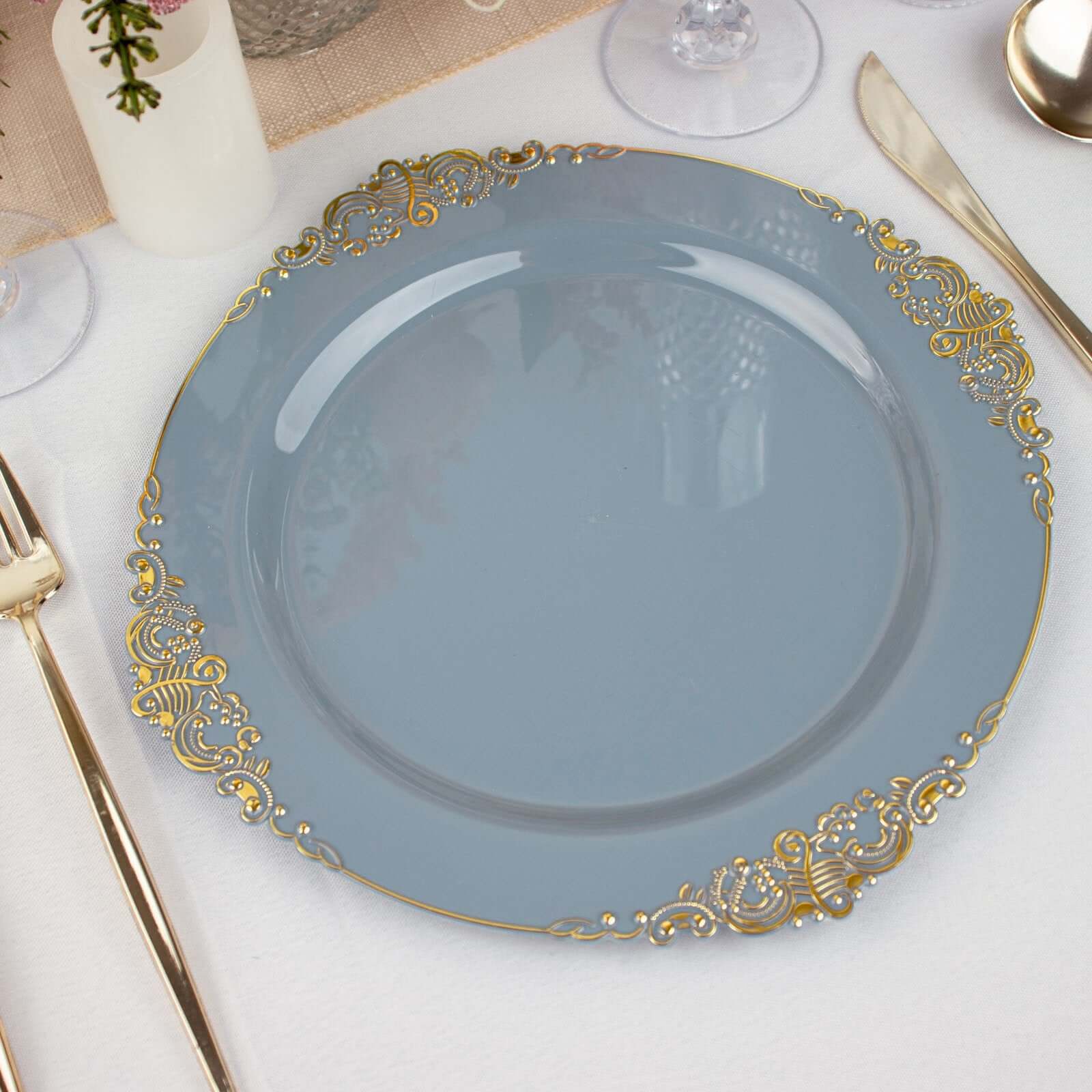 10-Pack Disposable Vintage Baroque Round Dinner Plates in Dusty Blue with Gold Leaf Rim - Great Value!