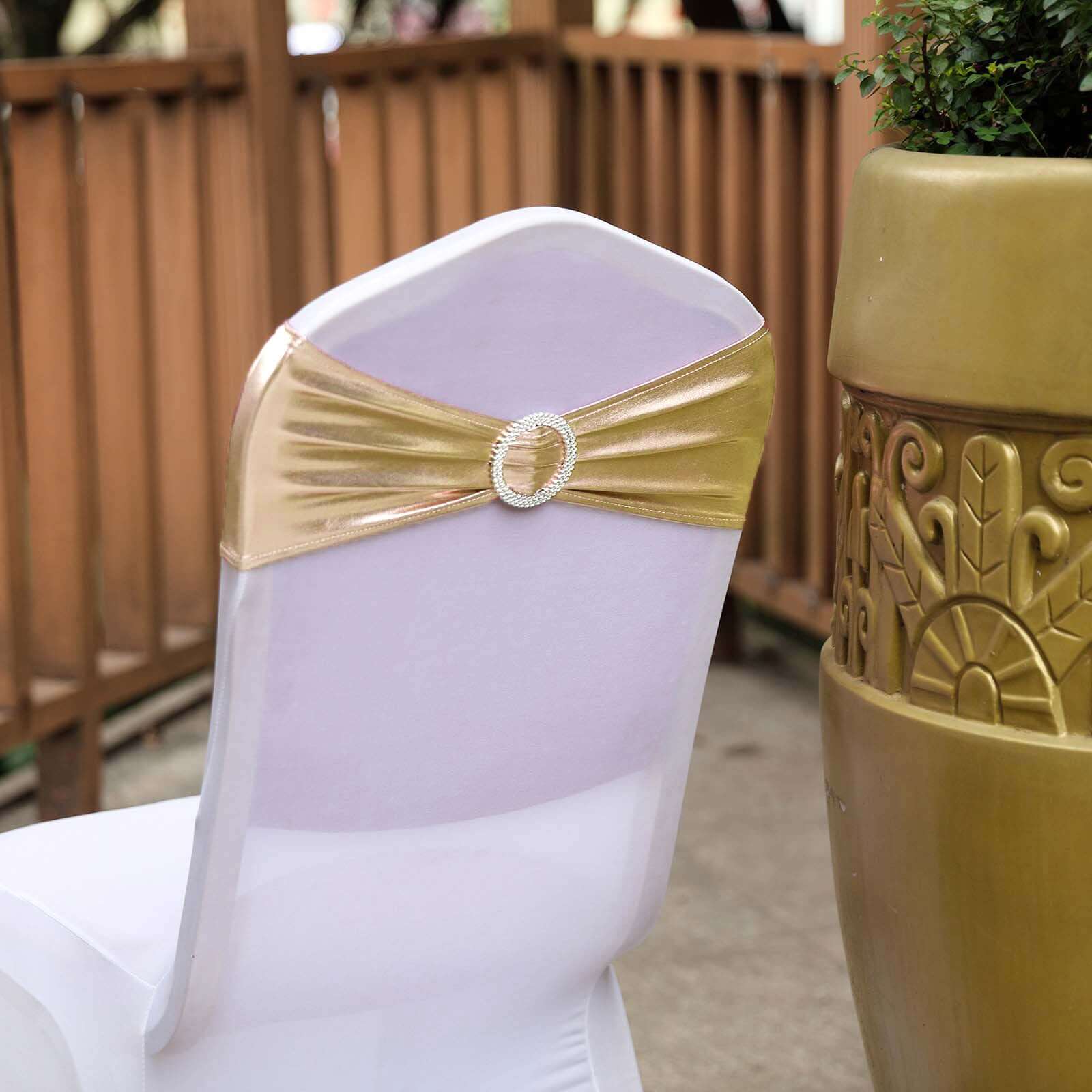 5-Pack Champagne Metallic Spandex Chair Sashes with Round Diamond Buckles - Stretch Fit!