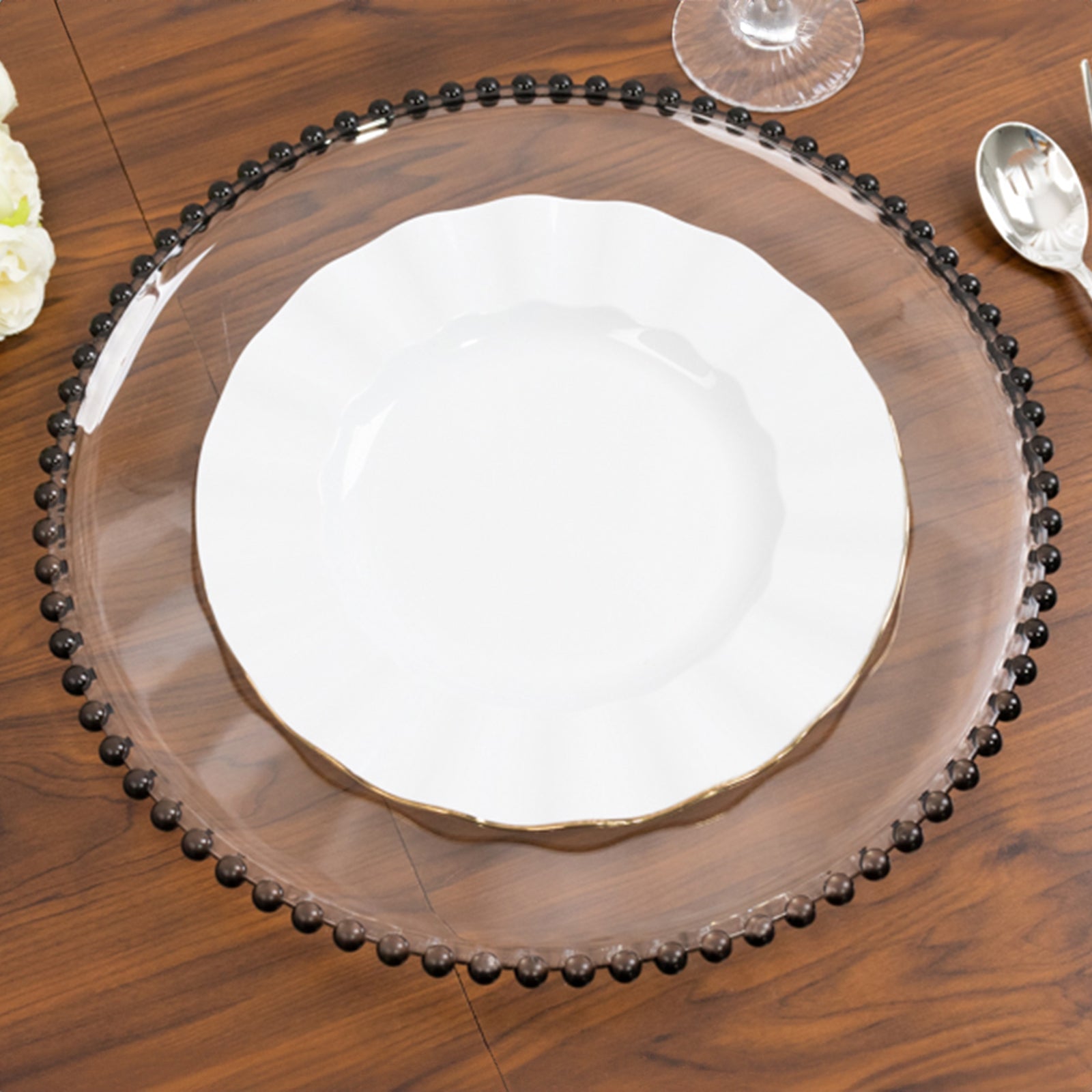 Hot Deal! 6-Pack 13-Inch Clear Acrylic Round Charger Plates with Black Beaded Rim for Dinner Parties