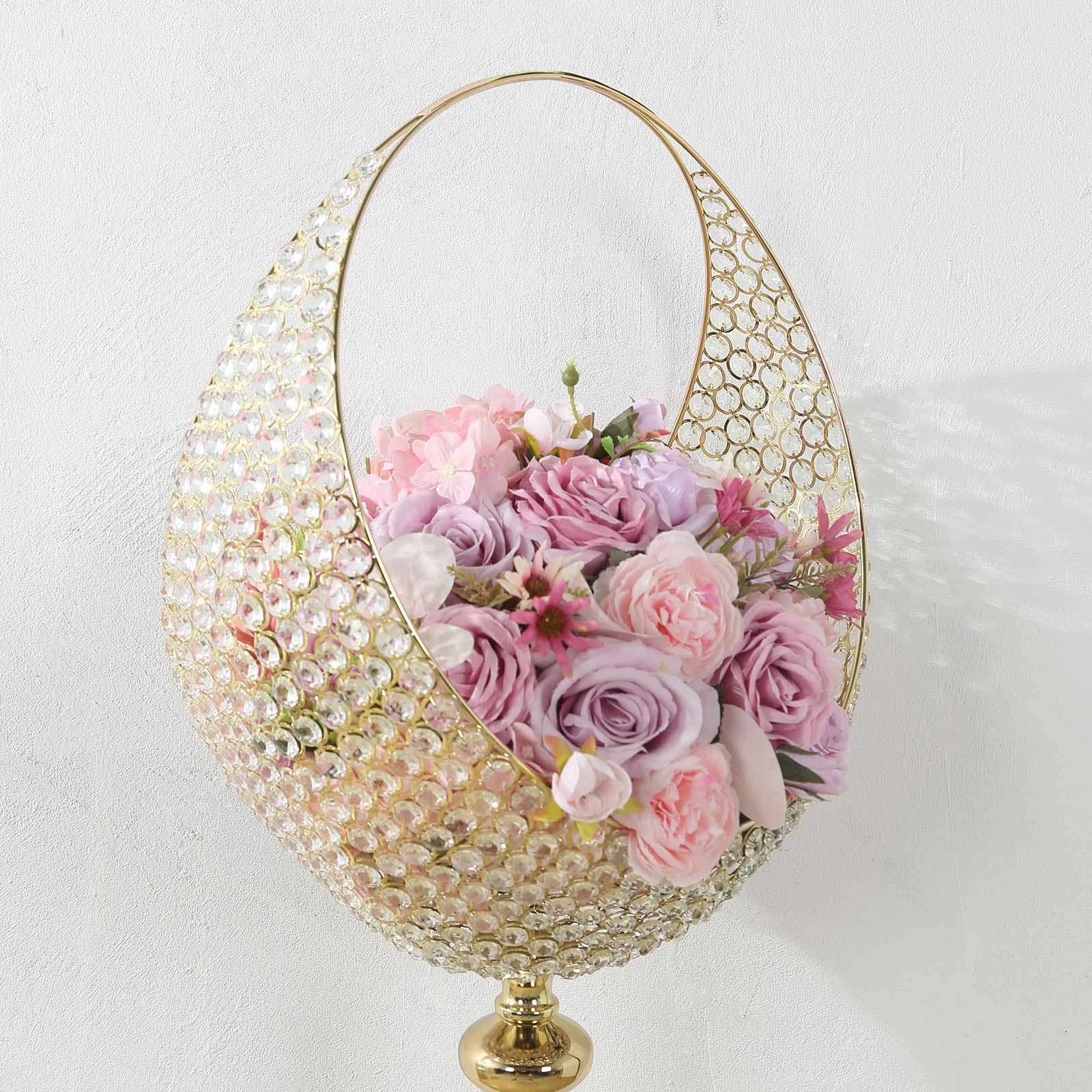 Promo! 4.5ft Tall Gold Metal Crystal Beaded Candle Holder Stand, Half Moon Basket Design for Wedding Centerpiece