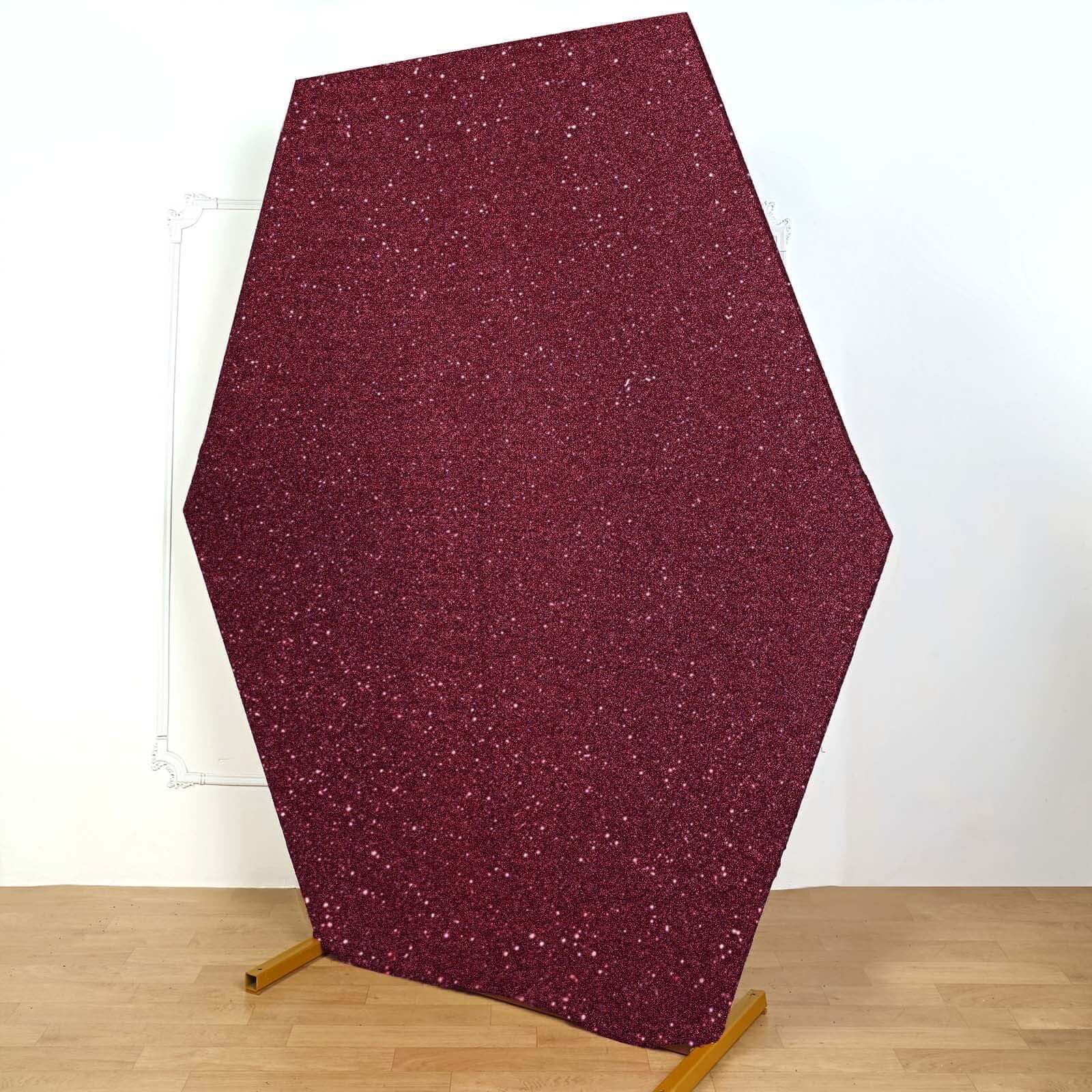 Get This 8ft x 7ft Burgundy Double - Sided Metallic Shimmer Tinsel Spandex Hexagon Wedding Arbor Cover Now!