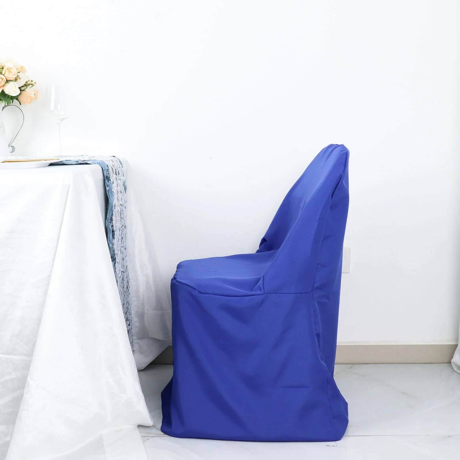 10-Piece Royal Blue Polyester Wrinkle-Free Slip-On Chair Covers for Folding Chairs
