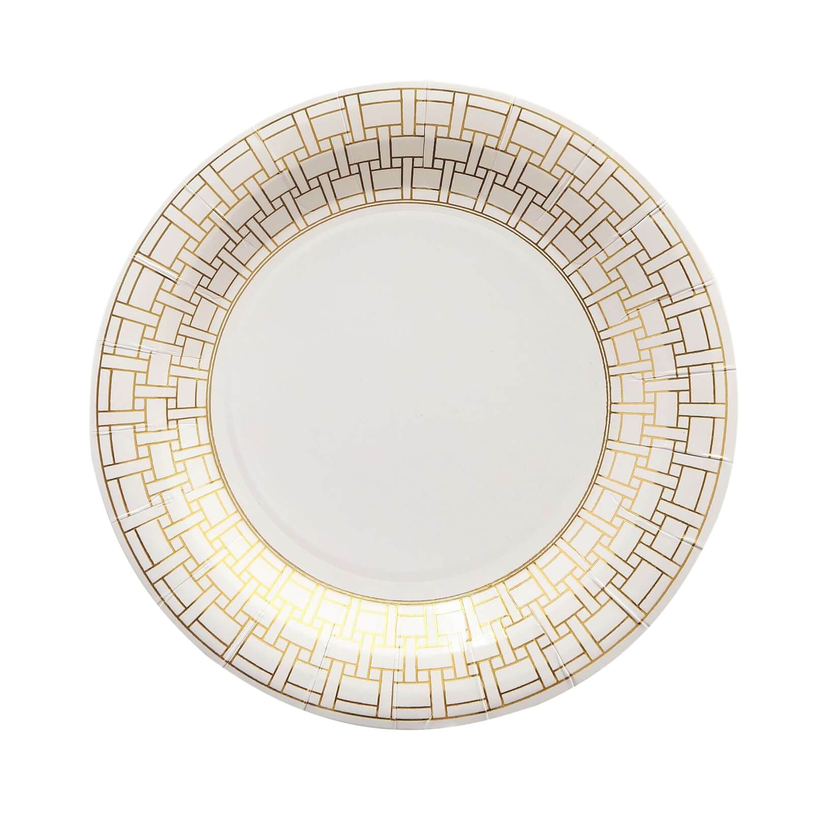 25-Pack Disposable White Paper Dinner Plates with 9" Gold Basketweave Rim for Parties