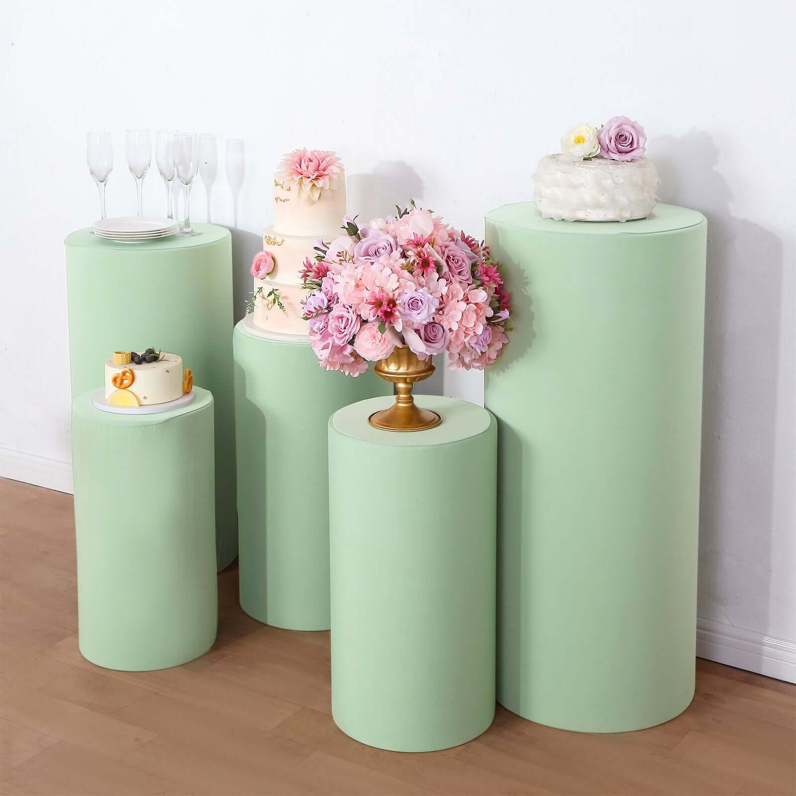 Special Offer! Set of 5 Stretchable Sage Green Spandex Cylinder Pedestal Stand Covers - 160 GSM