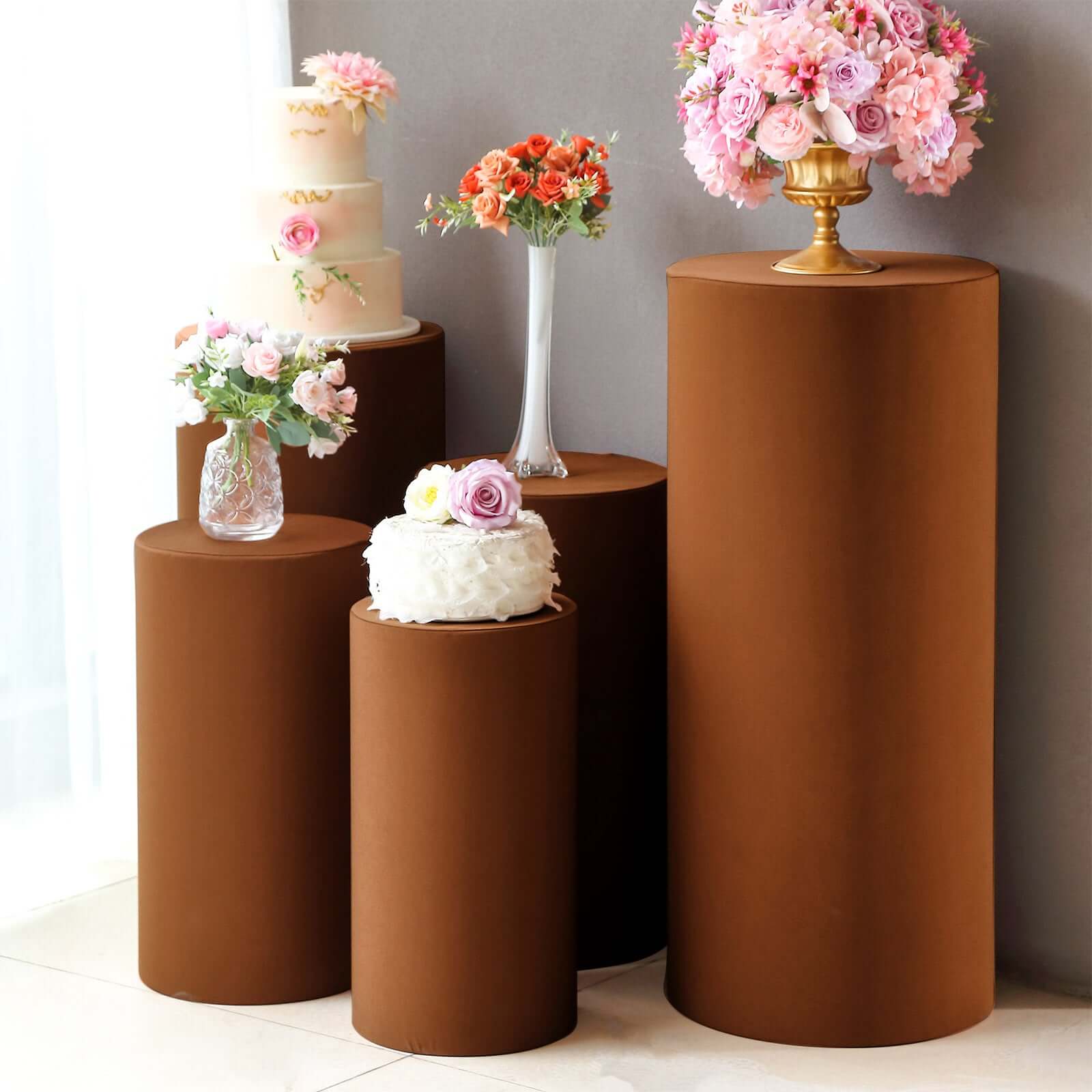 5-Piece Set of Cinnamon Brown Stretchable Spandex Pedestal Stand Covers - 160 GSM