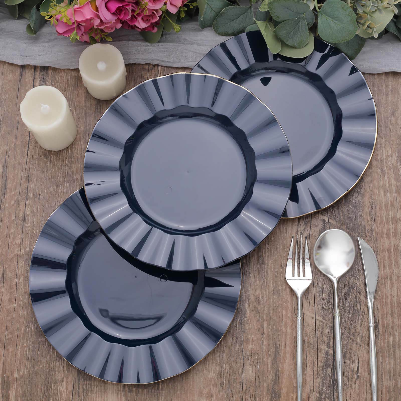 10-Piece Set of Navy Blue Plastic Round Dinner Plates with Gold Edged Ruffled Rim - Sturdy Disposable Dinnerware