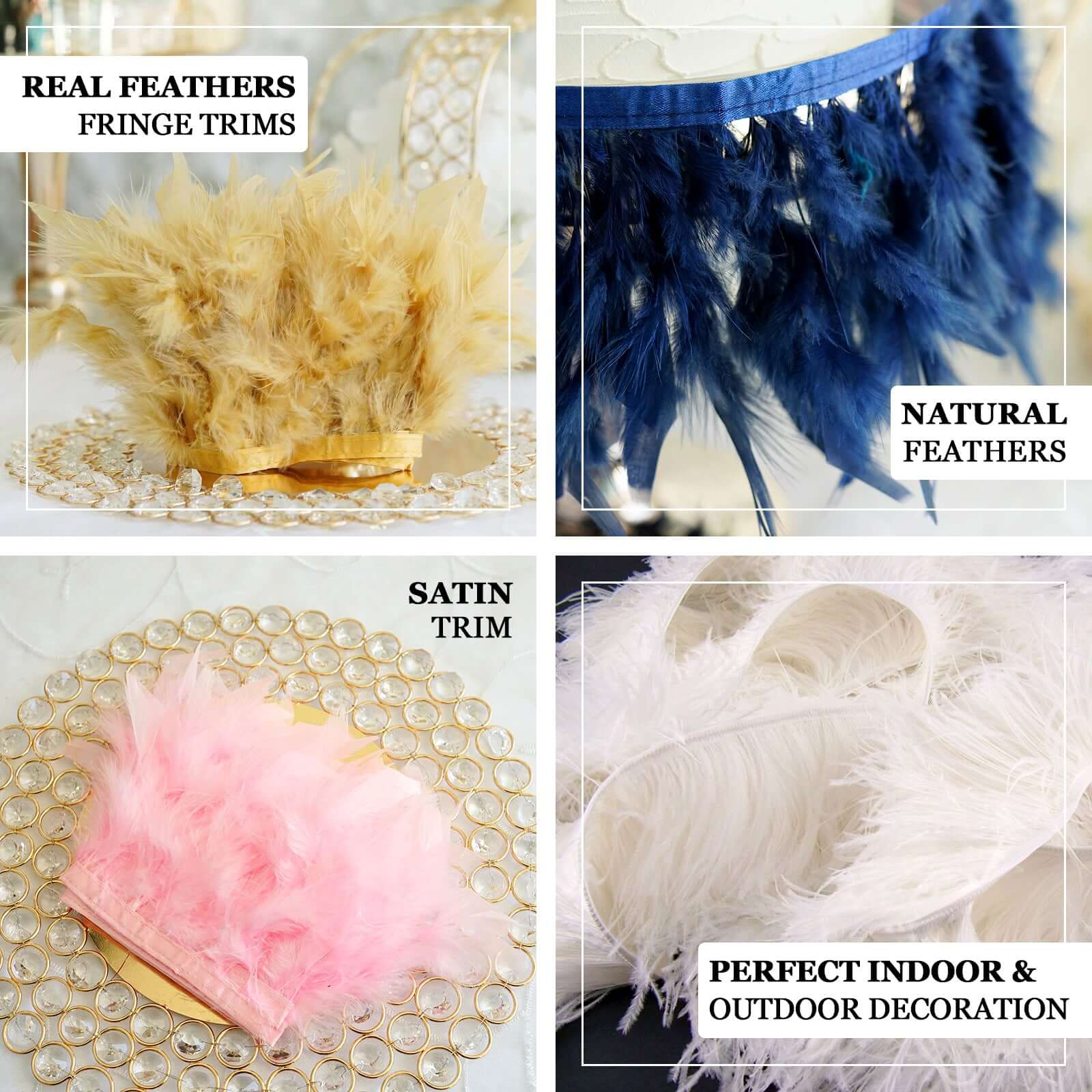 Exclusive 39-Inch White Real Ostrich Feather Fringe Trim with Satin Ribbon Tape for DIY Crafts