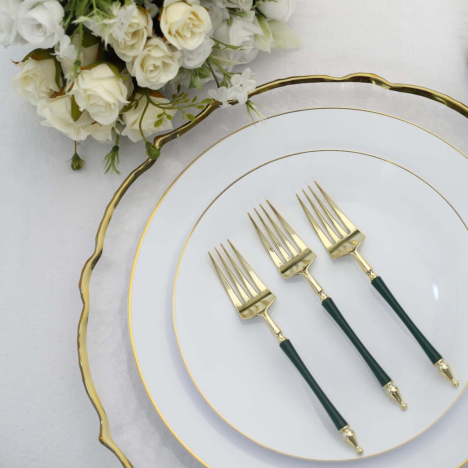 24-Pack 6" Gold & Hunter Emerald Green Plastic Dessert Forks with Roman Column Handles - European Style Disposable Utensils