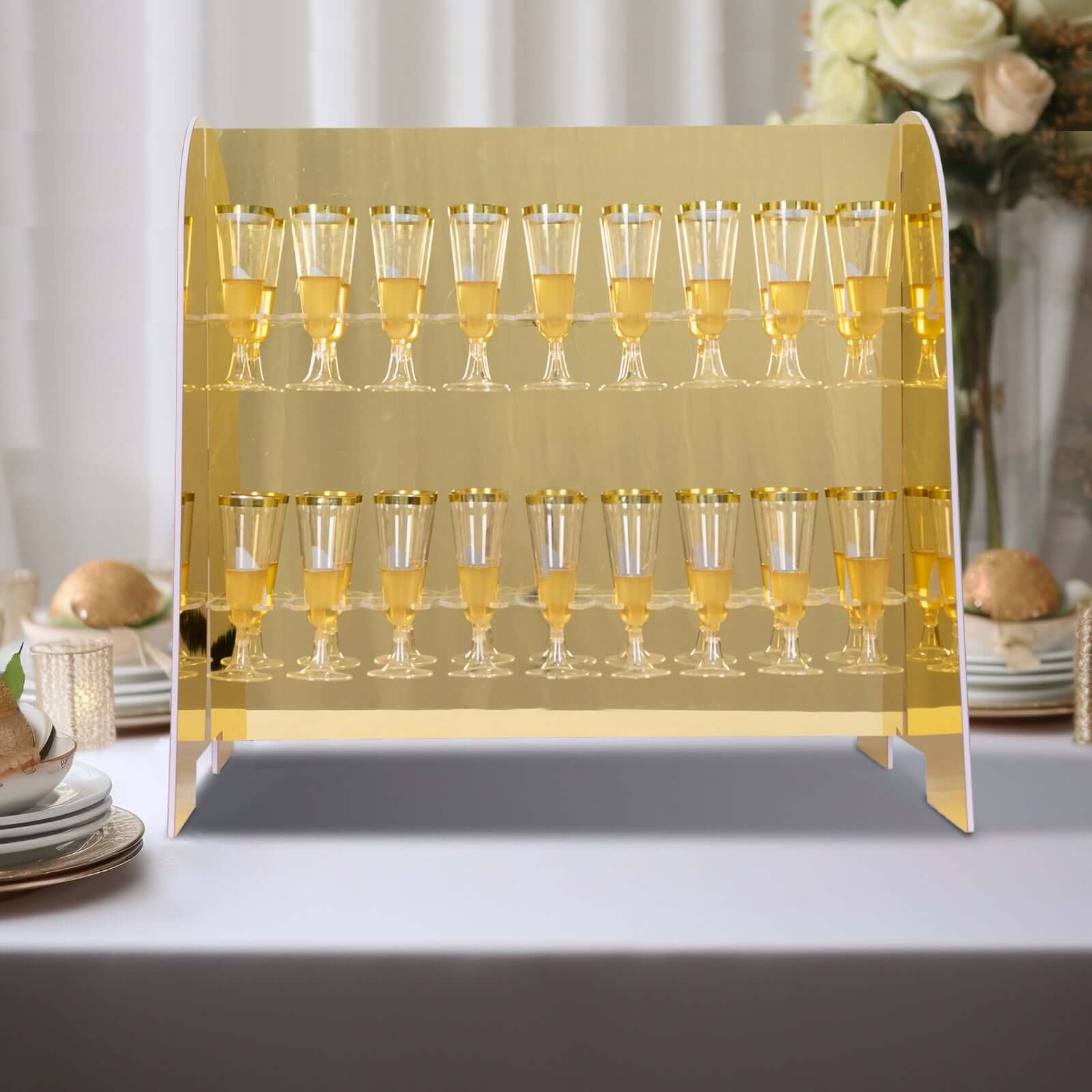 Gold Mirror Finish 2-Tier Champagne Glass Holder Display Stand - Modern Stemware Rack with 18 Hooks for Events