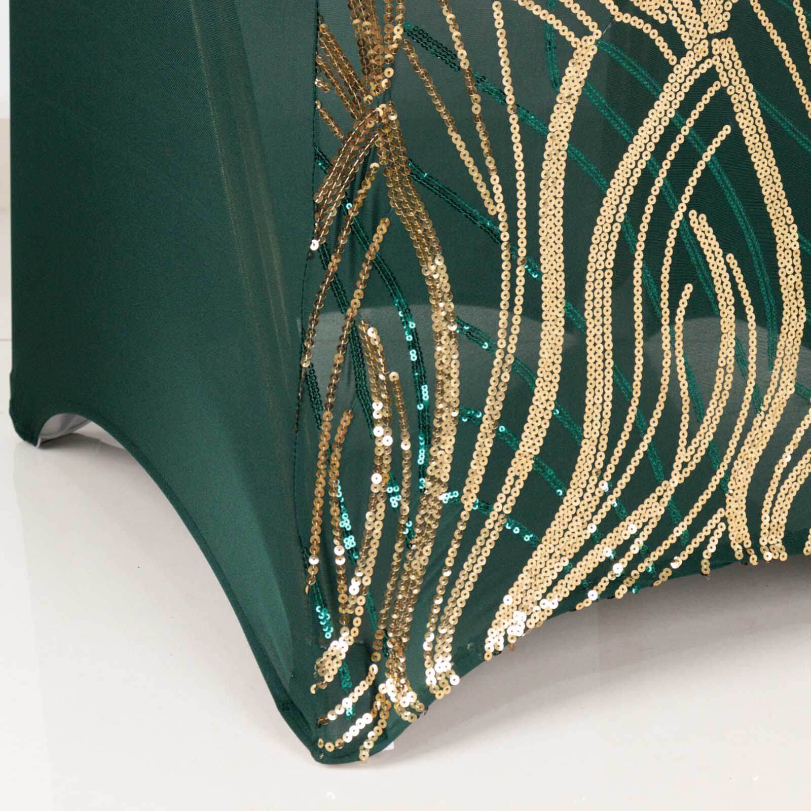 Sparkling Hunter Emerald Green/Gold Spandex Banquet Chair Covers with Wave Embroidered Sequins - Stretch Fitted Slipcovers