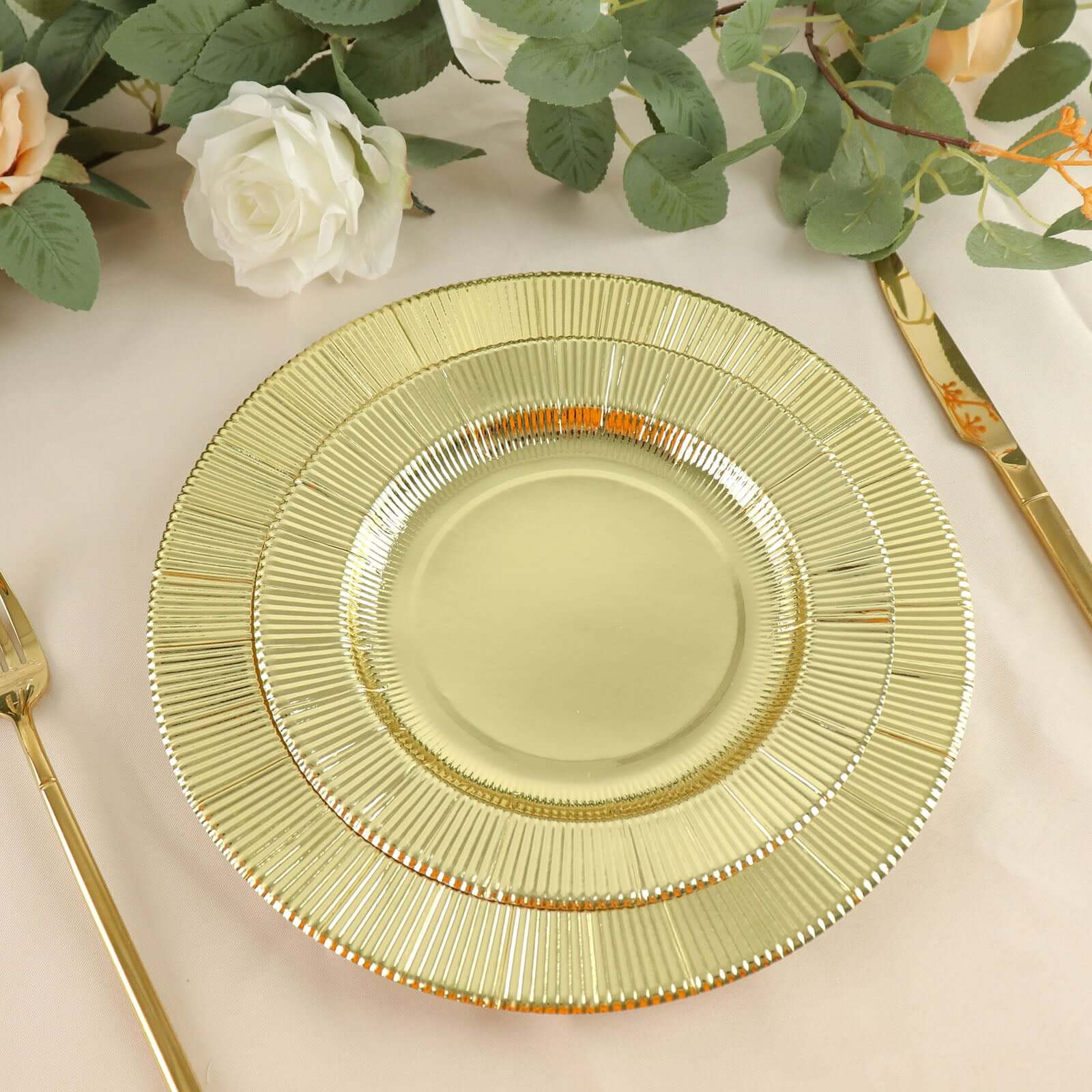 25-Piece Set of Disposable 8-Inch Round Metallic Gold Sunray Design Paper Dessert Plates - Heavy Duty 350GSM