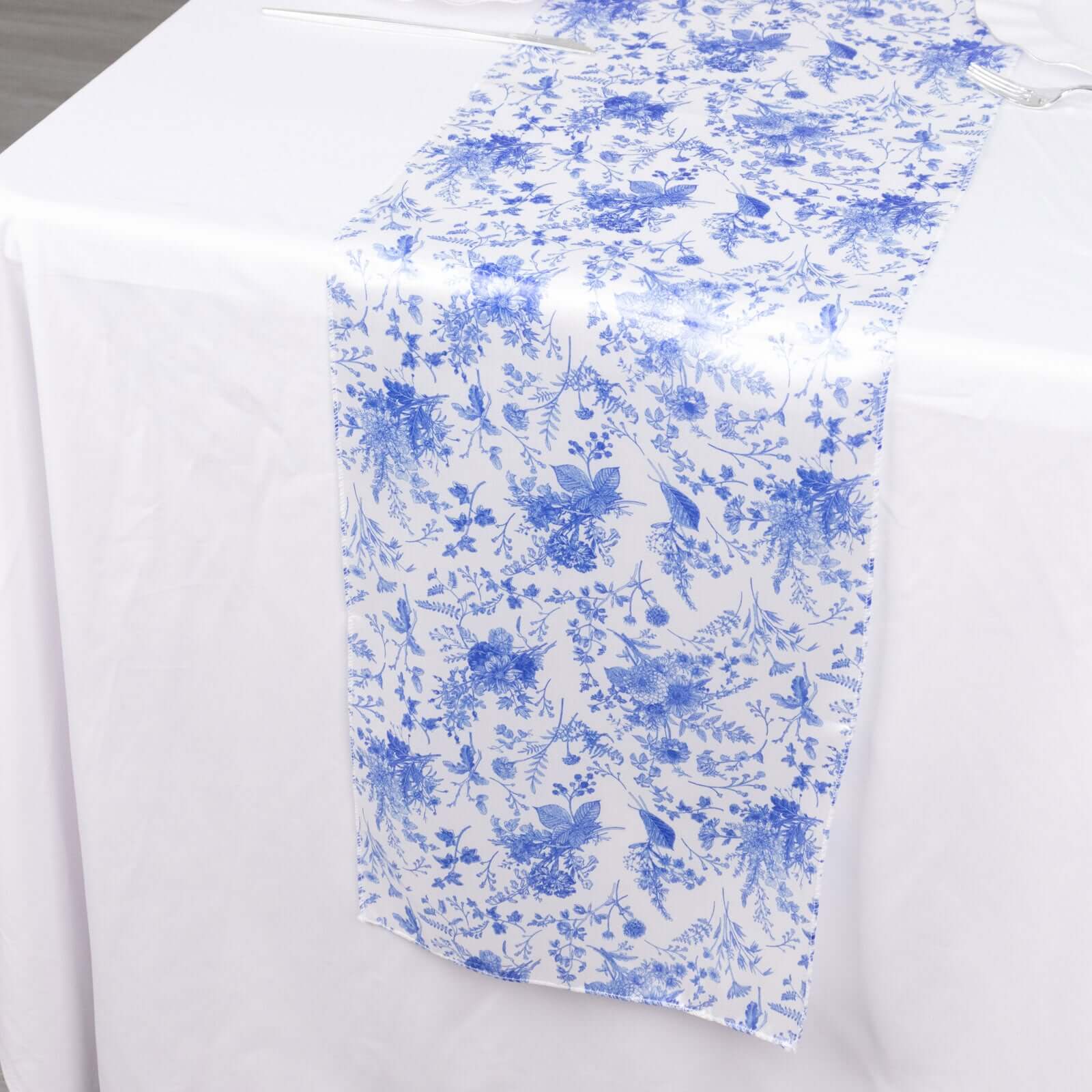 Get This Stunning White & Blue French Toile Floral Satin Table Runner for Upscale Events