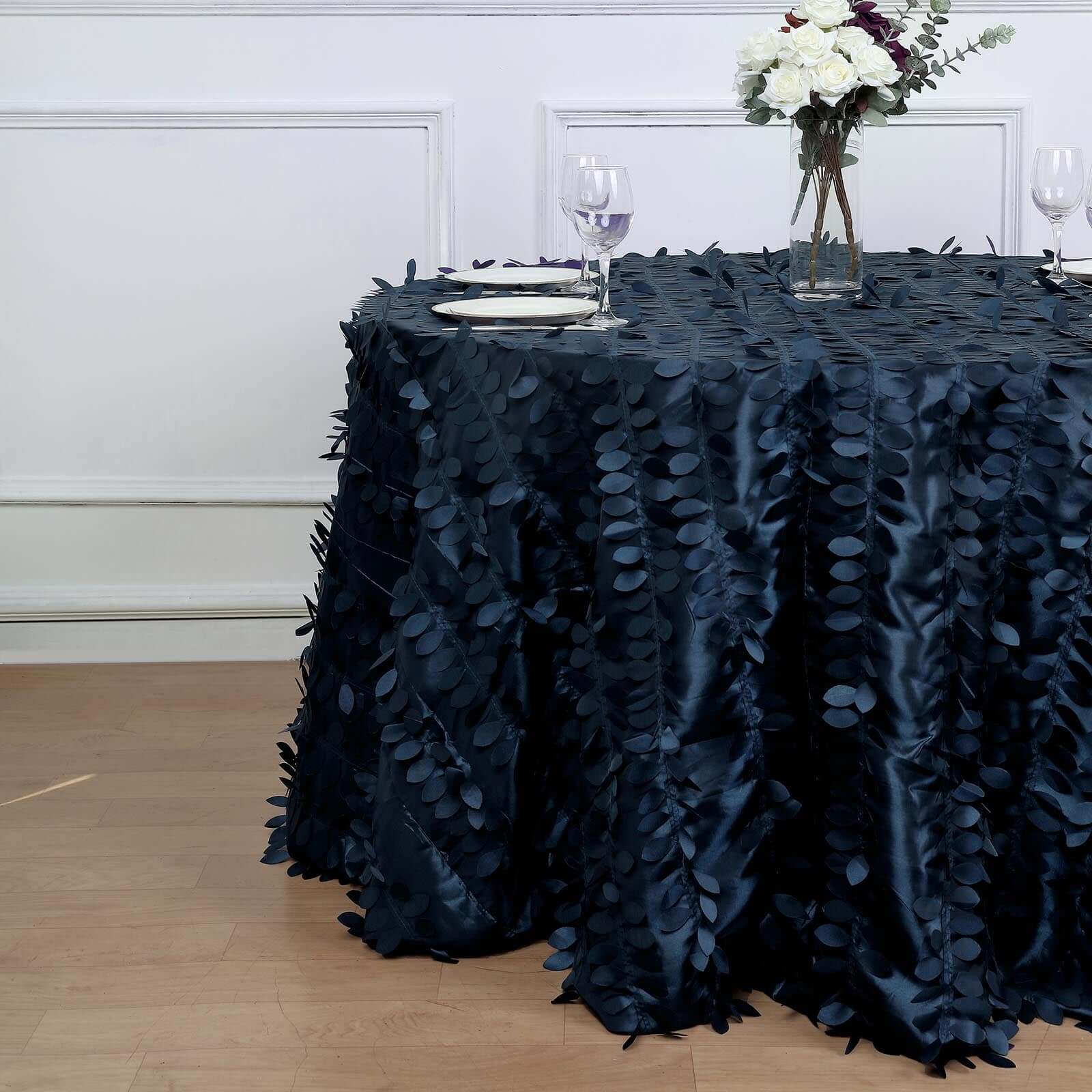 Navy Blue 120" Round Taffeta Tablecloth with Stunning 3D Leaf Petal Design