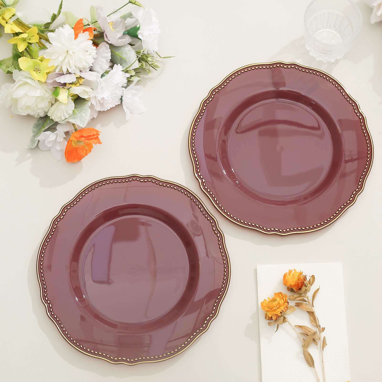 Hot Deal! 10-Pack 9" Disposable Plastic Dinner Plates in Cinnamon Rose with Gold Rim
